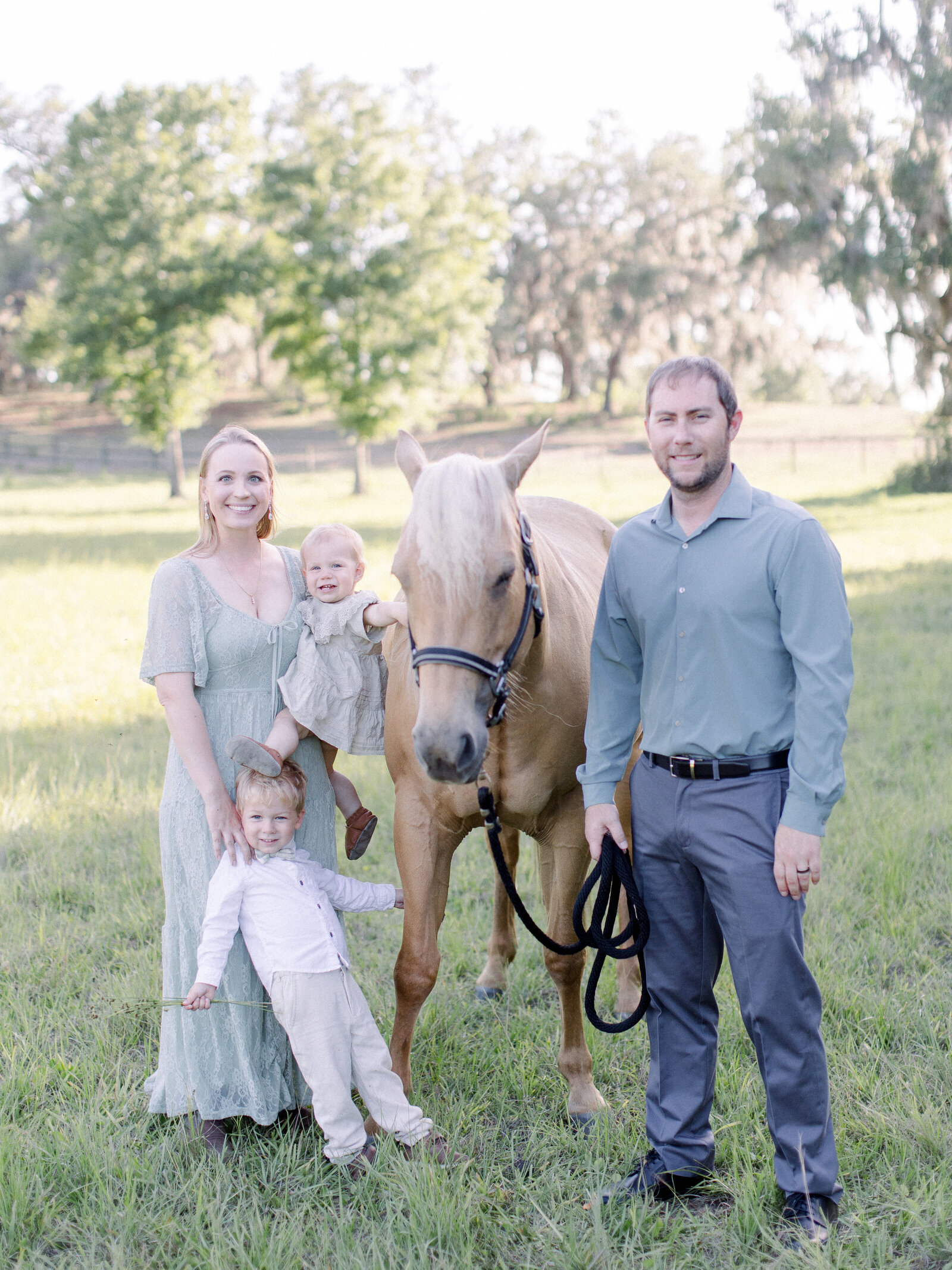 Family of four standing with their palomino horse on a horse farm in soft golden light by NH newborn photographer Fieldstone Studio. 