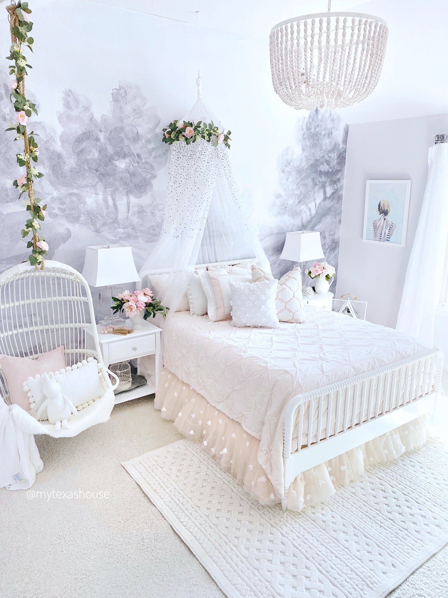 Pastel child's bedroom decorated with many MTH items