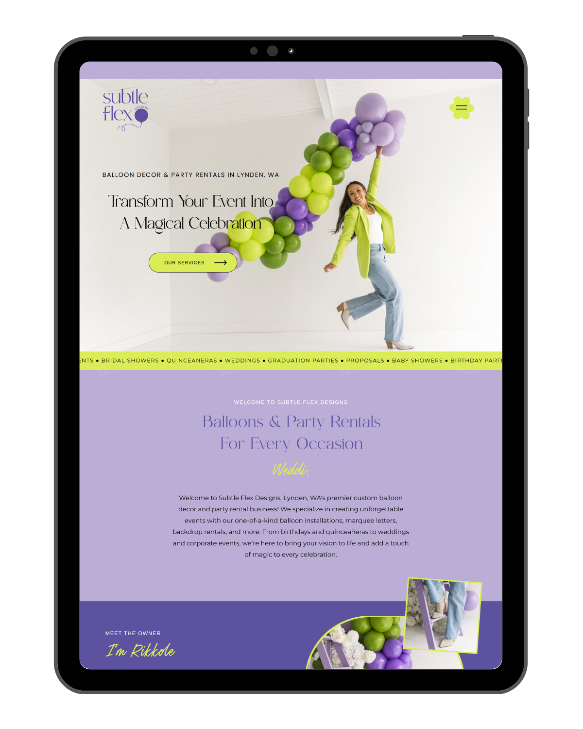 Balloon artist website with purple and lime green branding