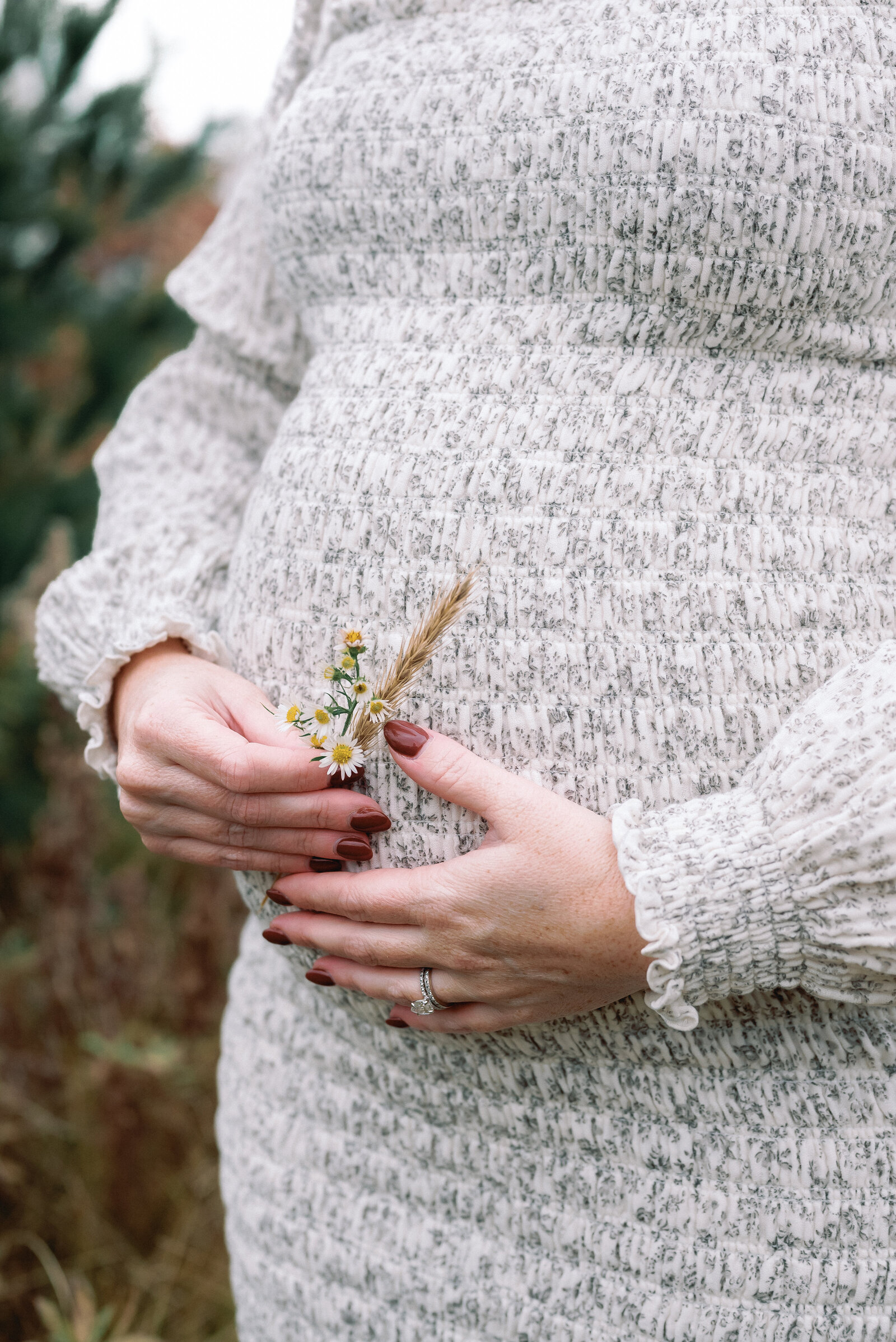 Gray sweater and flower being held by expectant mother in Ottawa