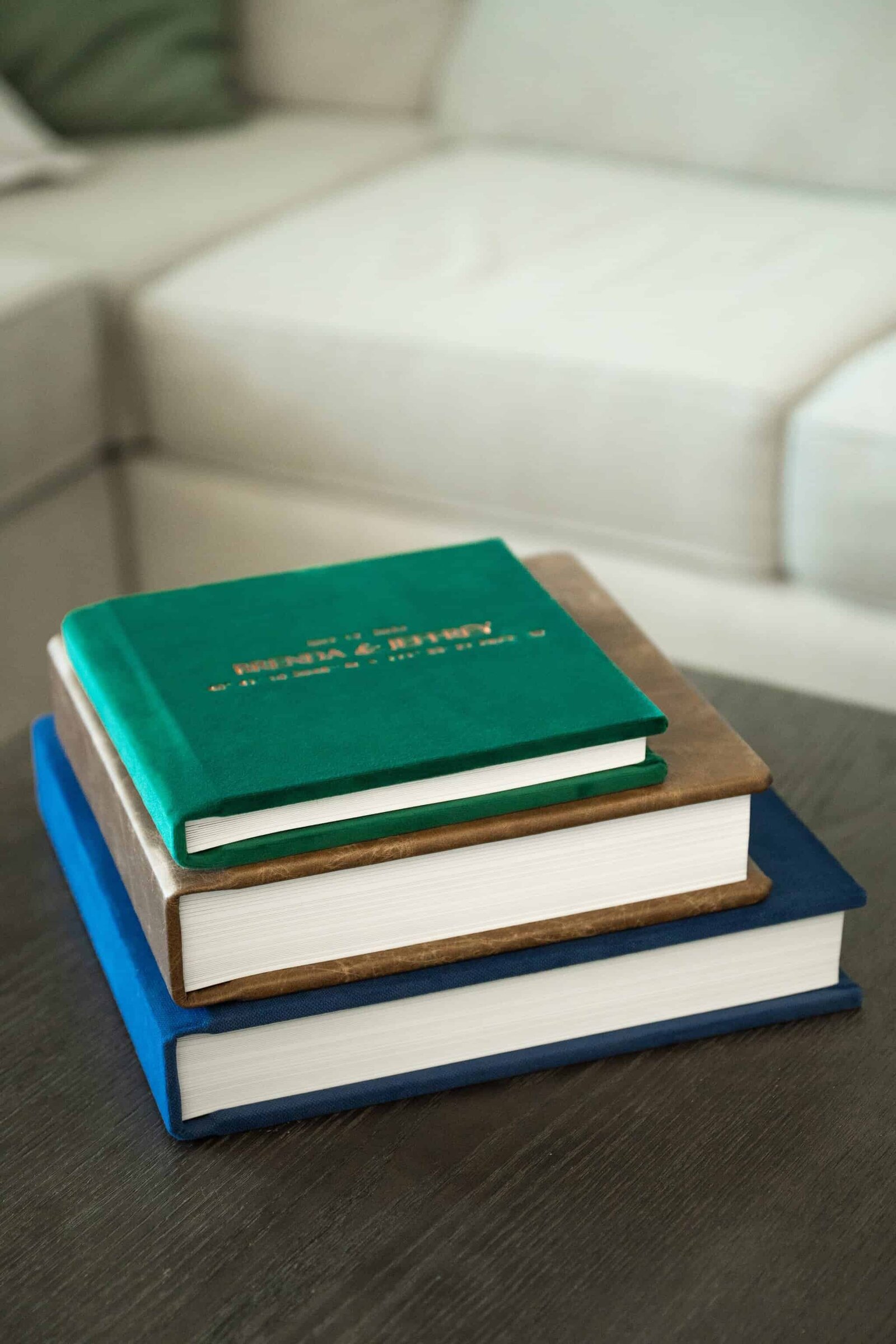 Stack of wedding albums.