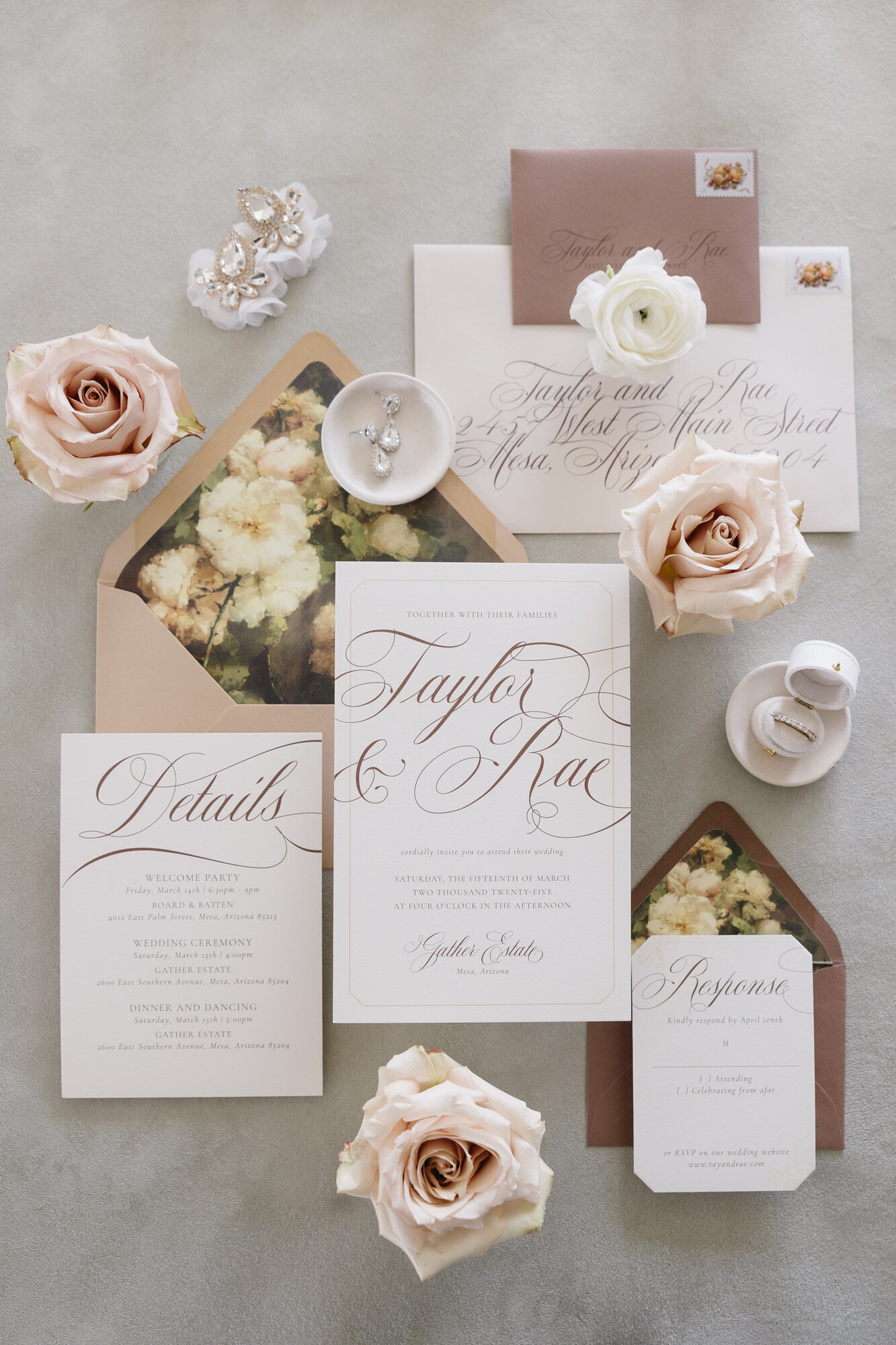 Flatlay detail photo with invitation suite and flowers taken by wedding photographer in Phoenix