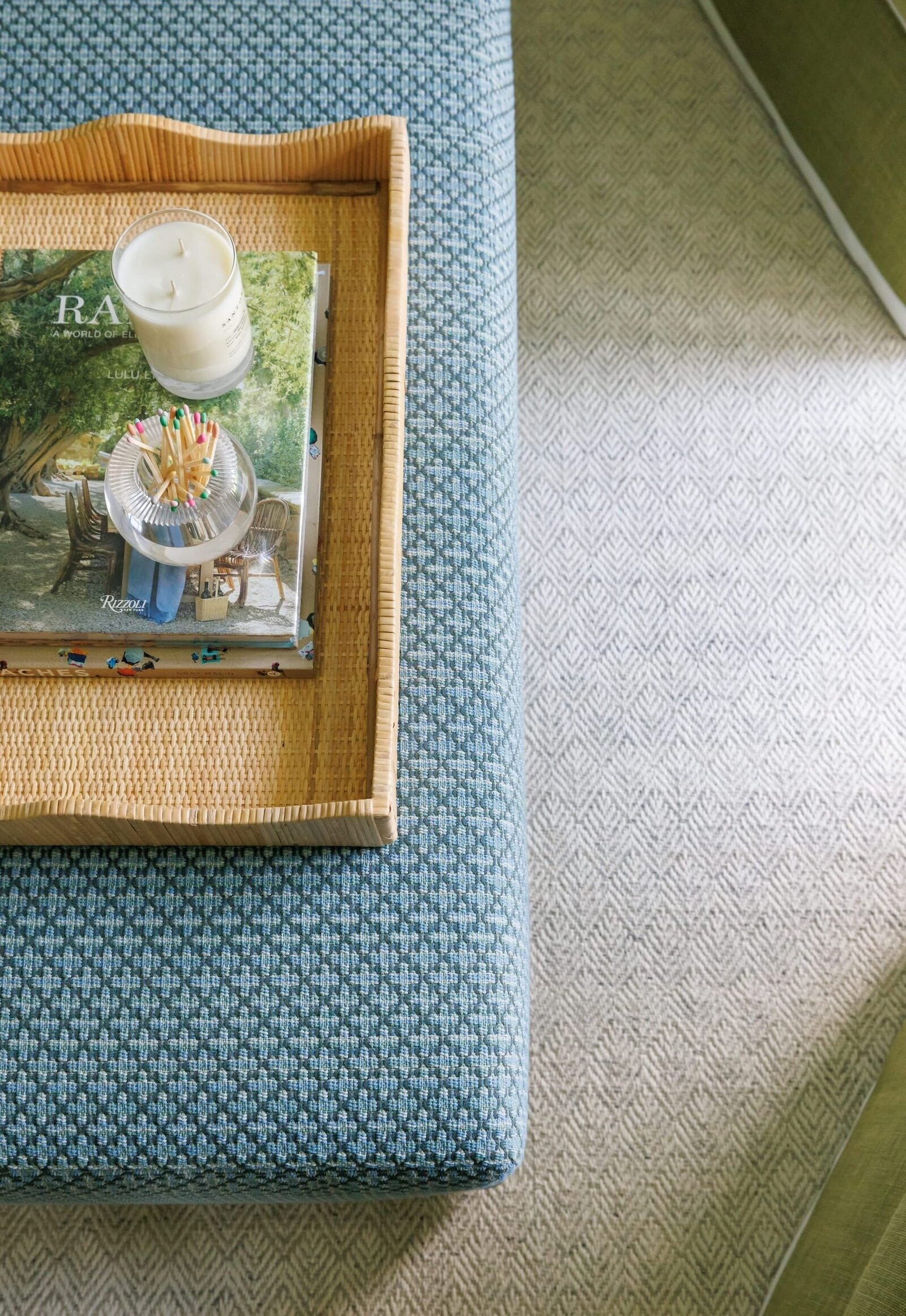 vision and hammer interior design wooden tray with coffee table books and candle