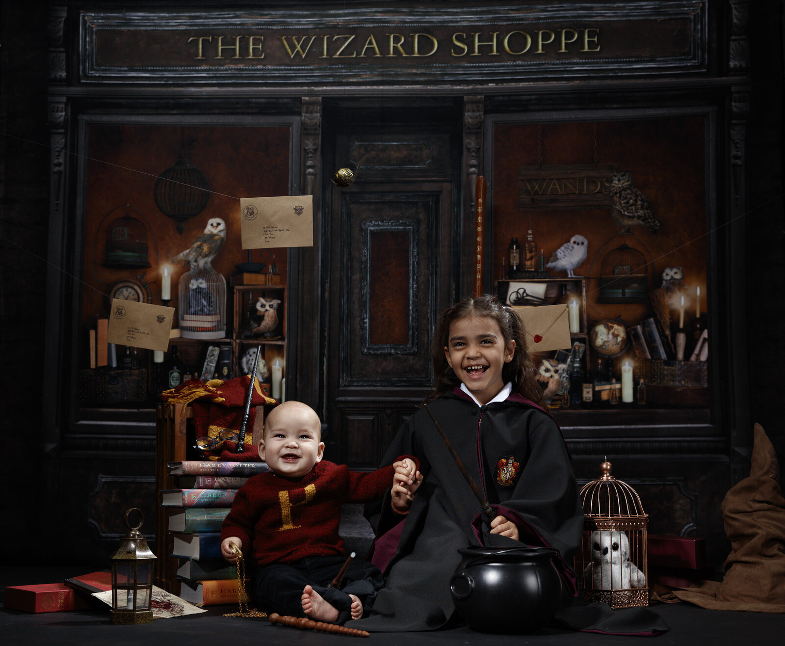 Wizard Themed Portrait Boy Girl Nine Three Quarter Hedwig Hogwarts House Robes Cauldron