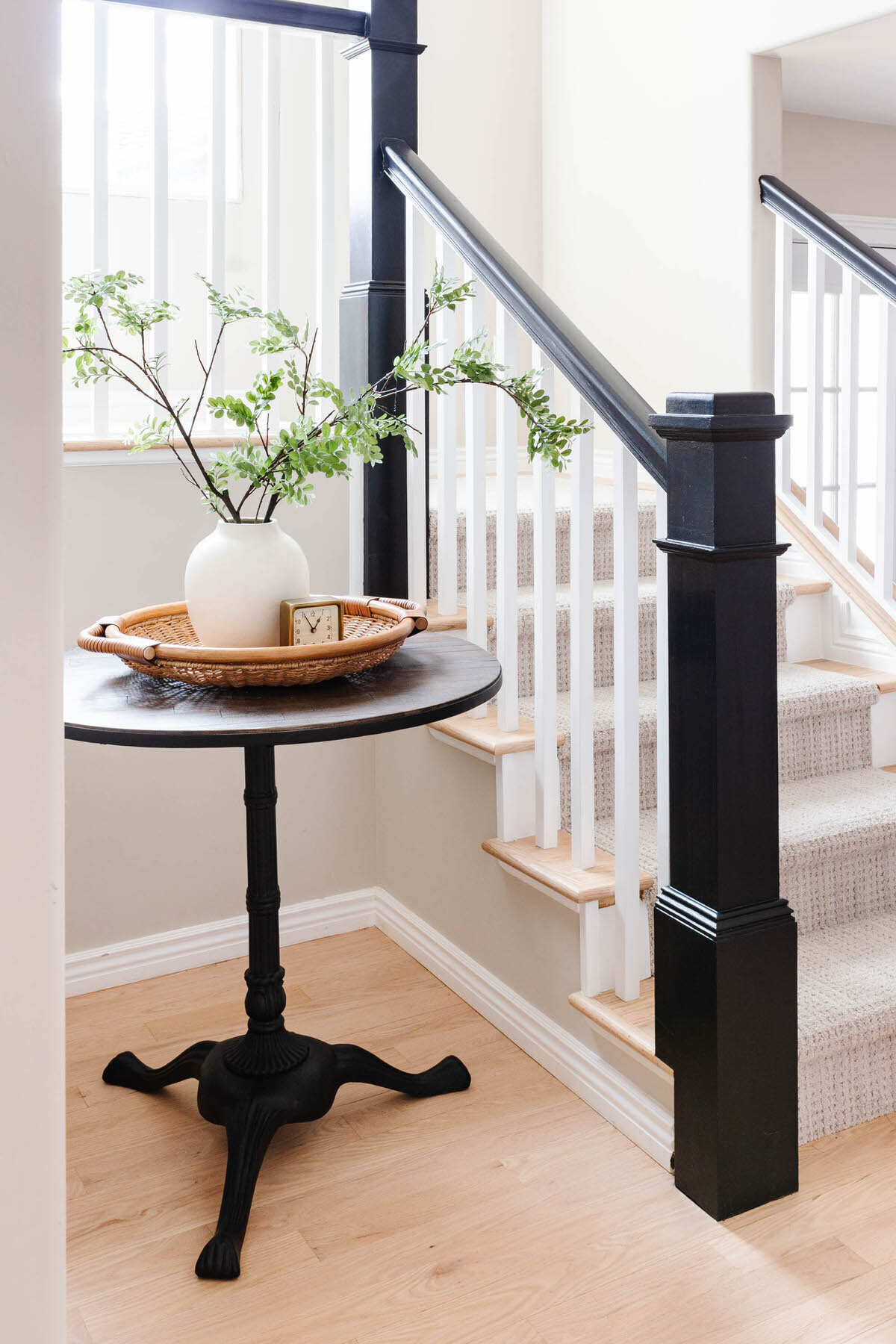 Modern Farmhouse Charming Cottage Warm White and Black Staircase Stairway Entryway by Peggy Haddad Interiors39