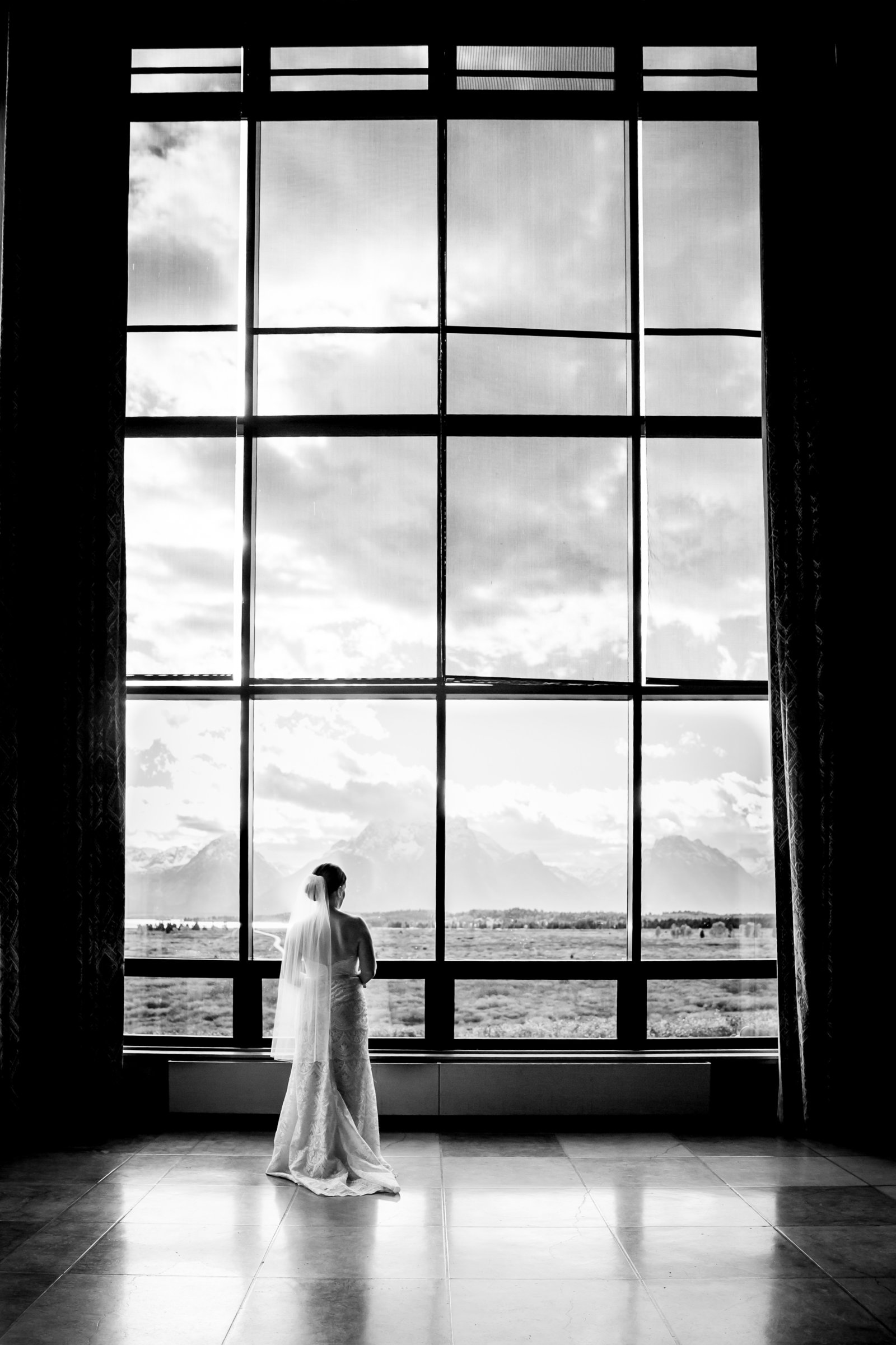 Jackson Lake Lodge bride looking at Grand Teton National Park
