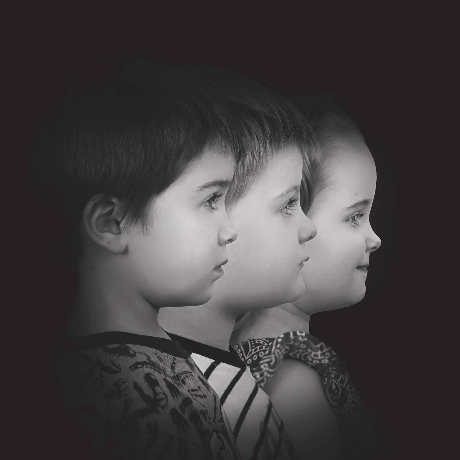 black and white portrait of 3 kids faces side by side generation photo