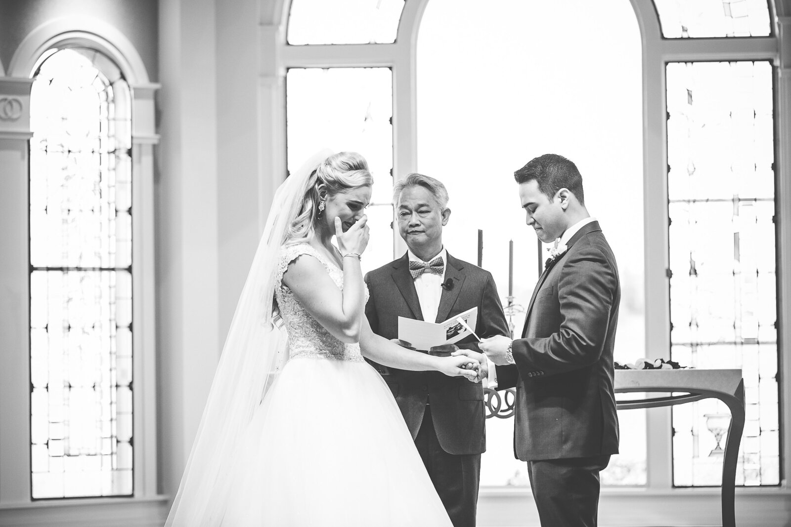 Black and White of emotional bride in Disney's Wedding Chapel 