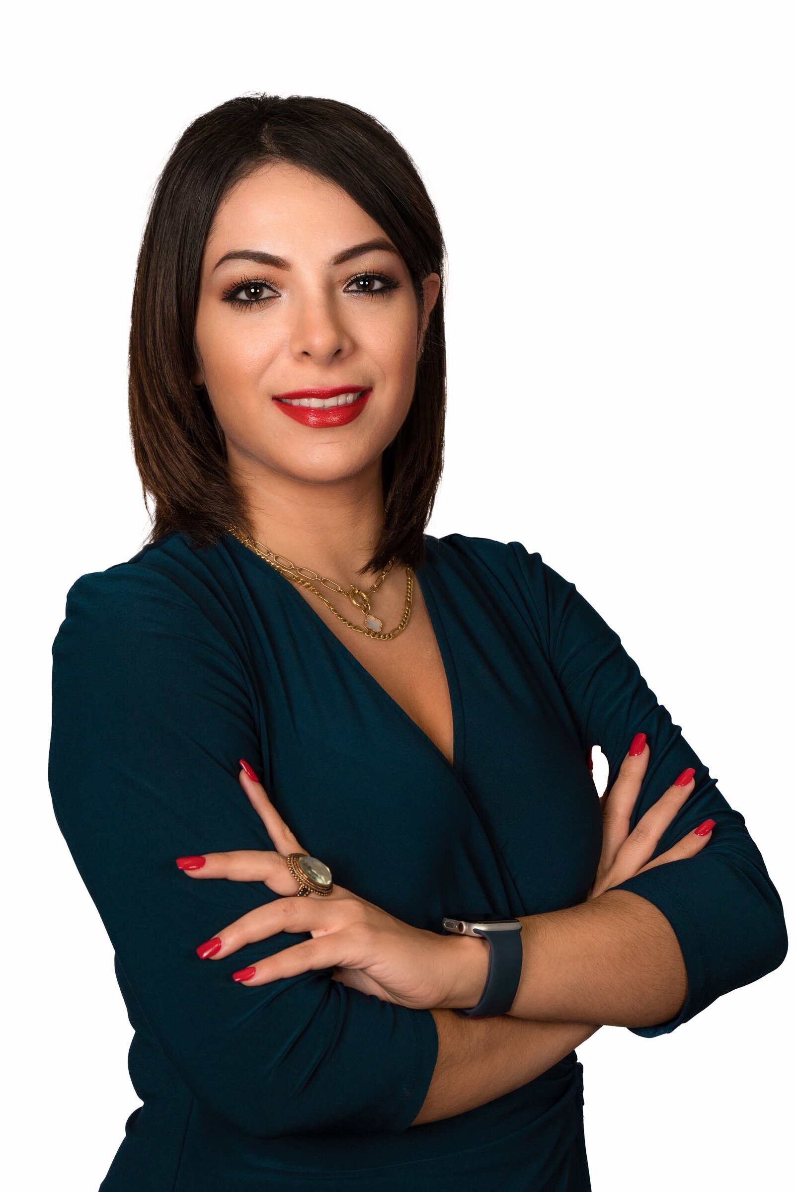Female Business headshot - arms crossed bluedress