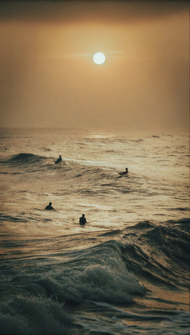surfers waiting for a wave at sunset