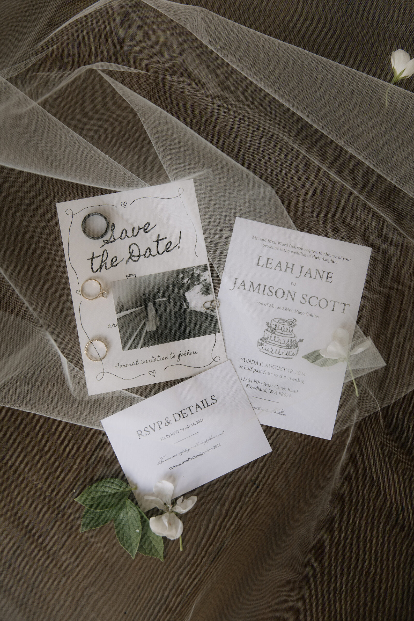 Close up of vow books, rings, and florals styled for flatlay photo at Vancouver, Washington wedding