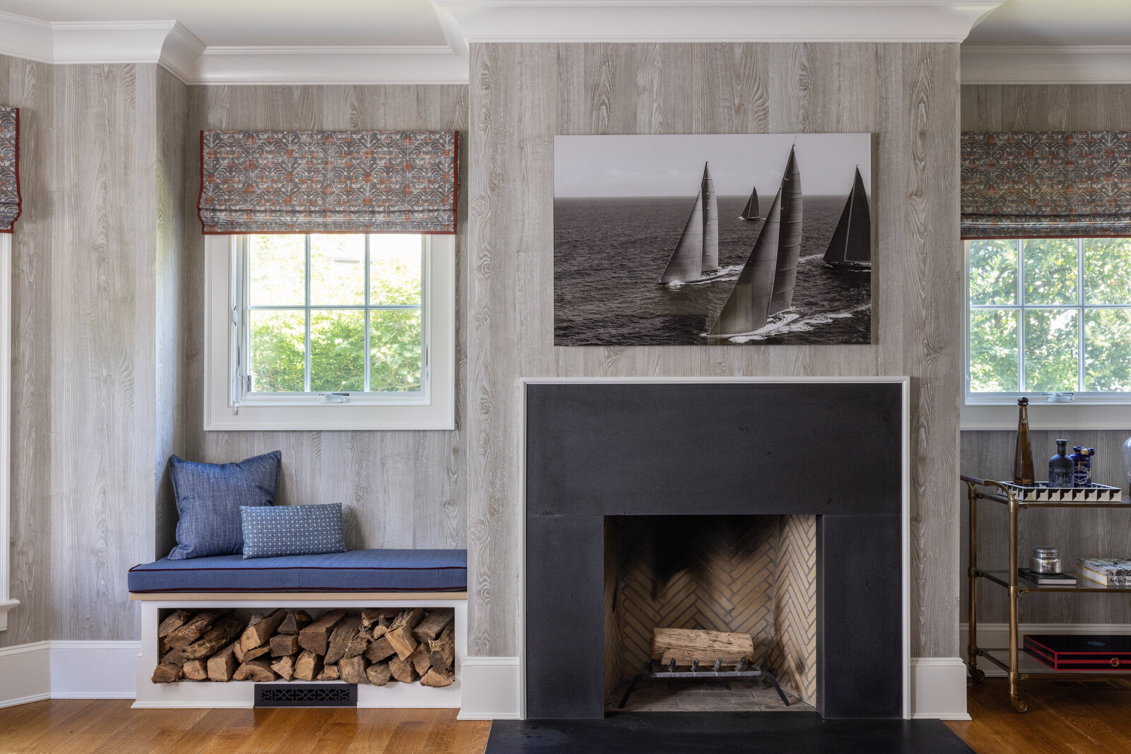 FIREPLACE WITH CUSHIONS AND WOOD STORAGE