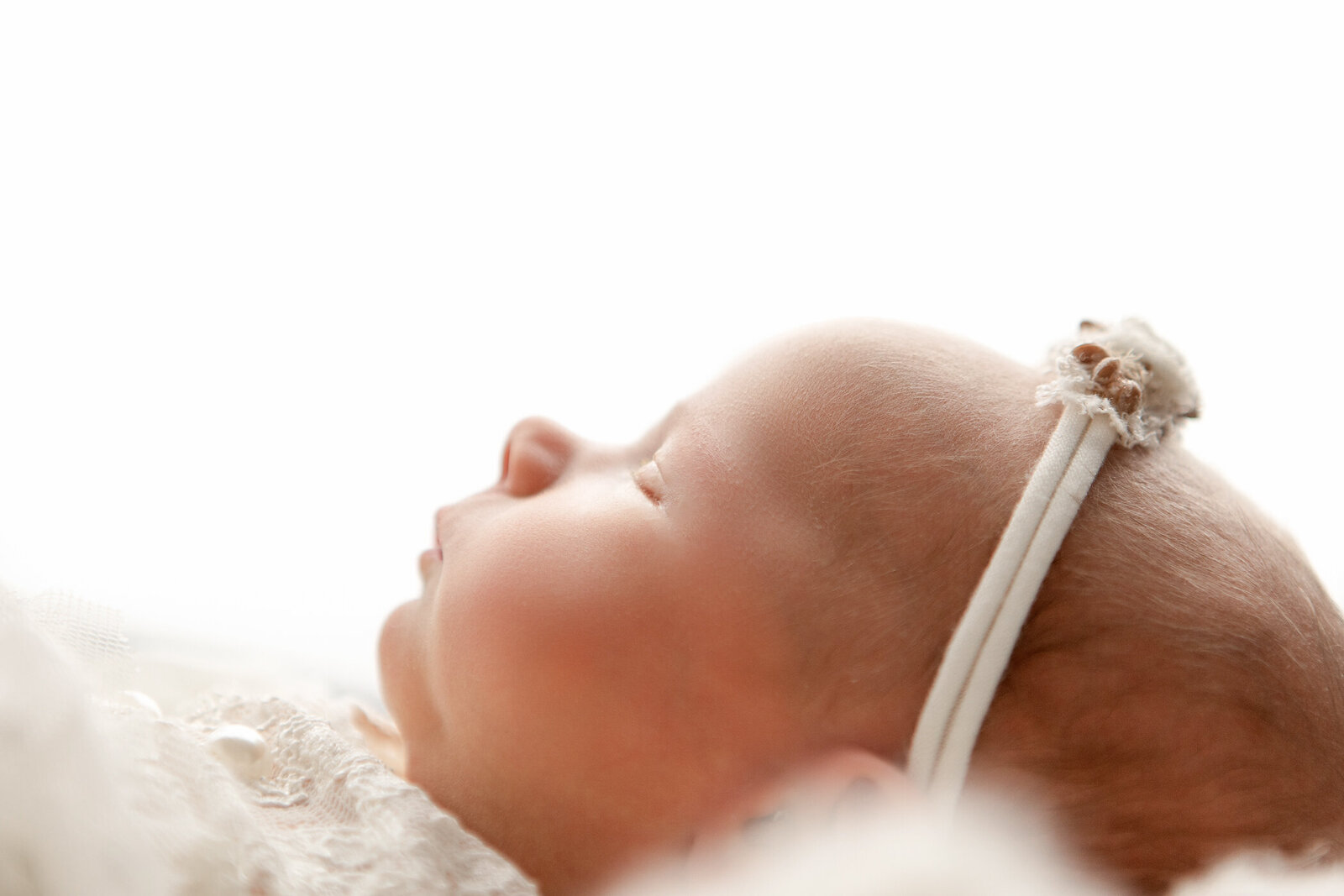 newborn baby girl profile photo, close up, all white, fresno, clovis, one good shot photography