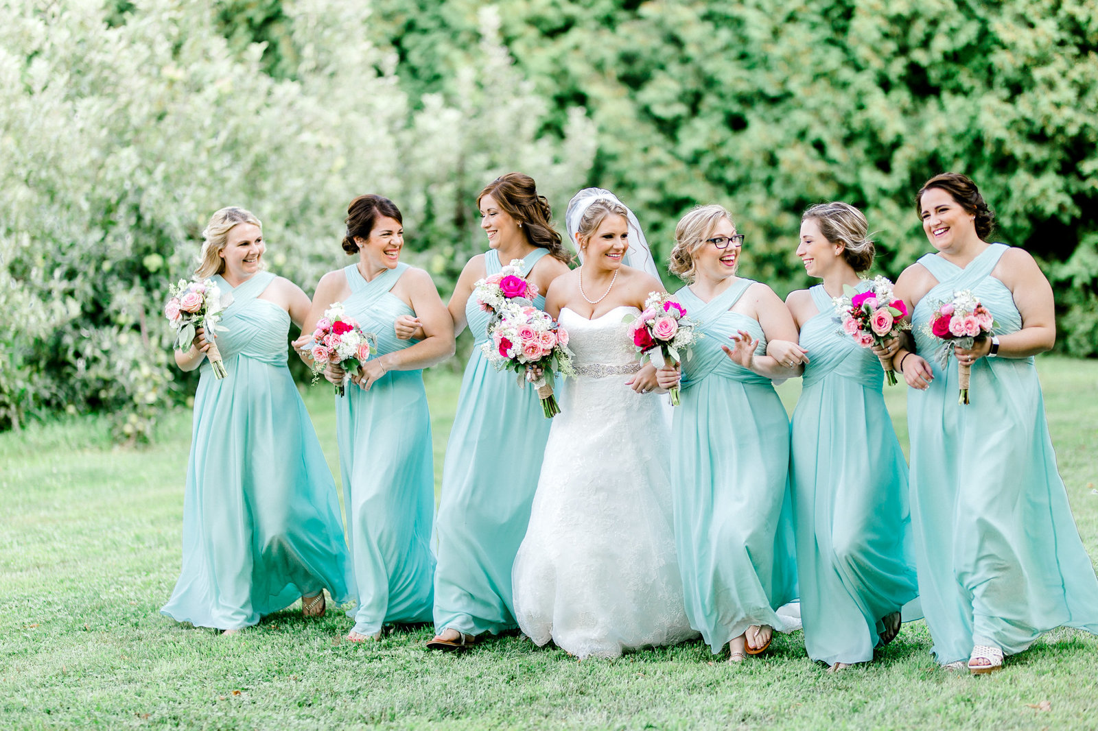 bridal cheer bridesmaids walking together wedding photography by local chicago wedding photographer bozena voytko, wedding photographers, best chicago wedding photographer, chicago Il wedding photographer