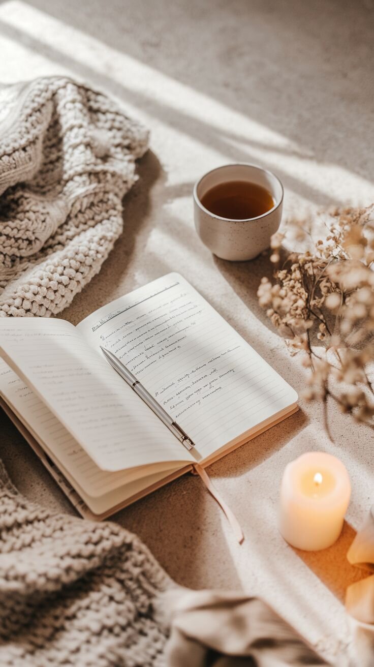 Journal and Pen with a candle. Learn More button below