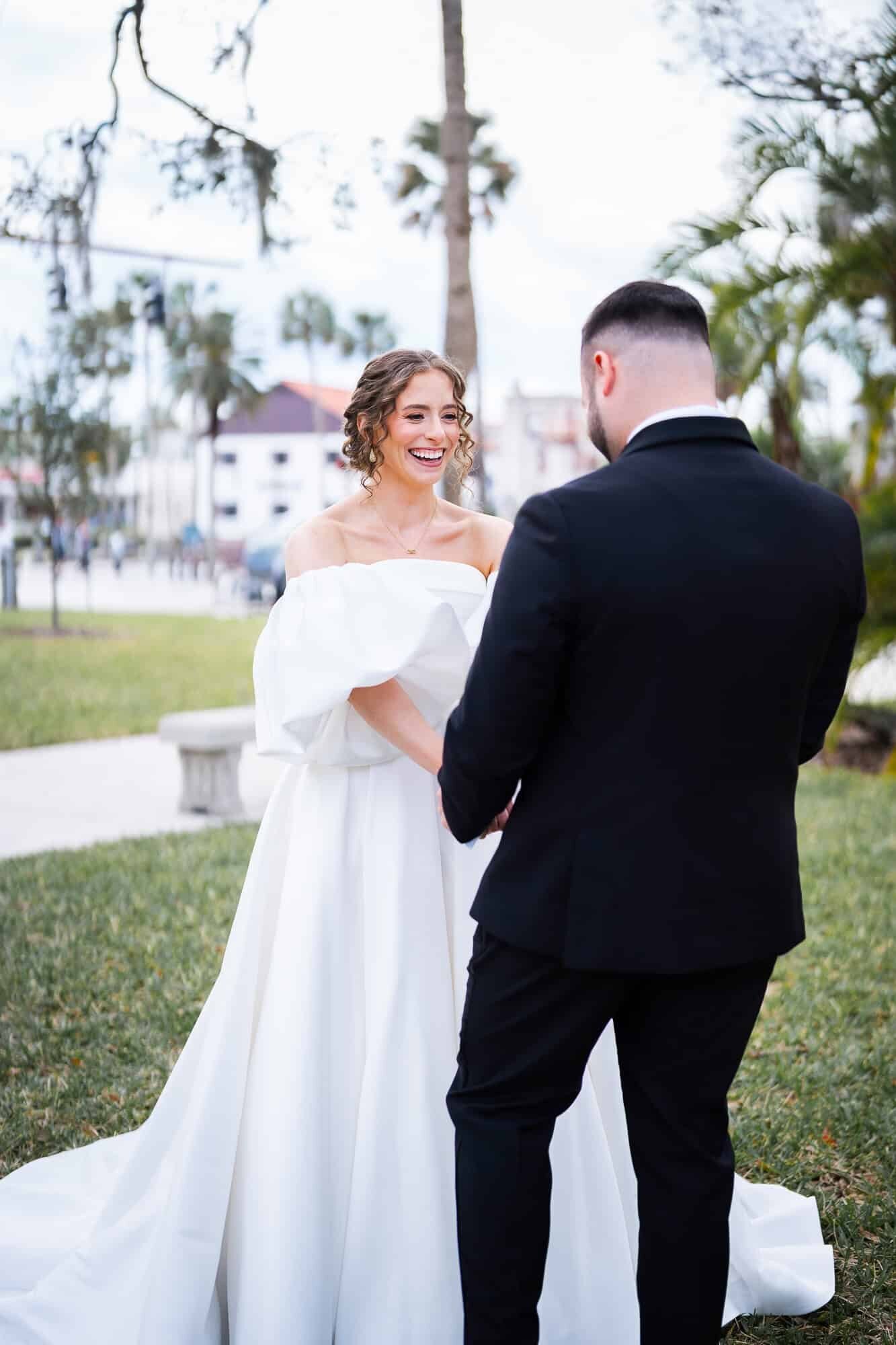 bride and groom first look at Casa Monica Wedding venue in St Augustine