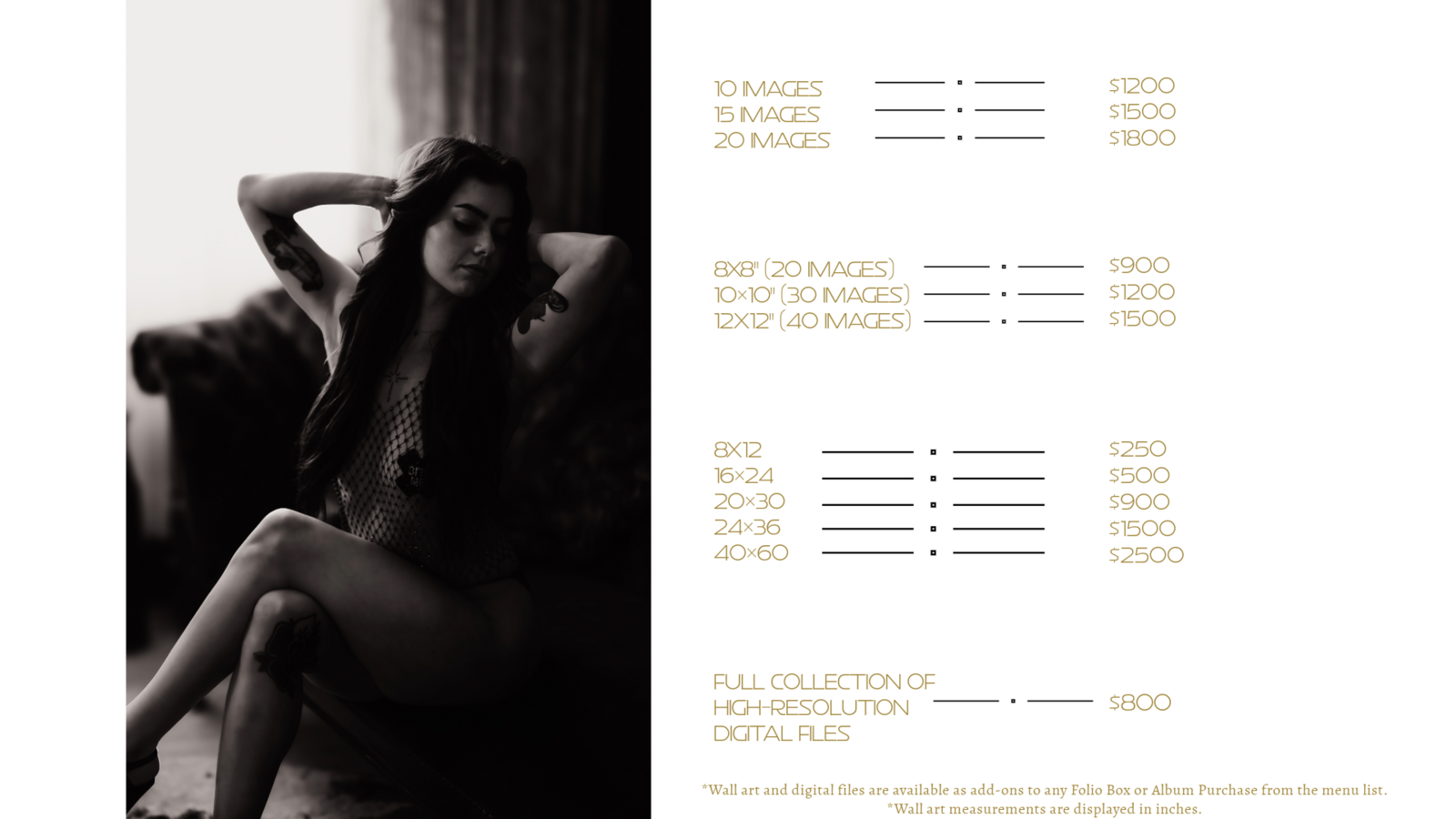 Boudoir Pricing menu, Boudoir photoshoot costs, add ons for boudoir photoshoot, customizable packages for boudoir photoshoot, High end Boudoir photoshoot