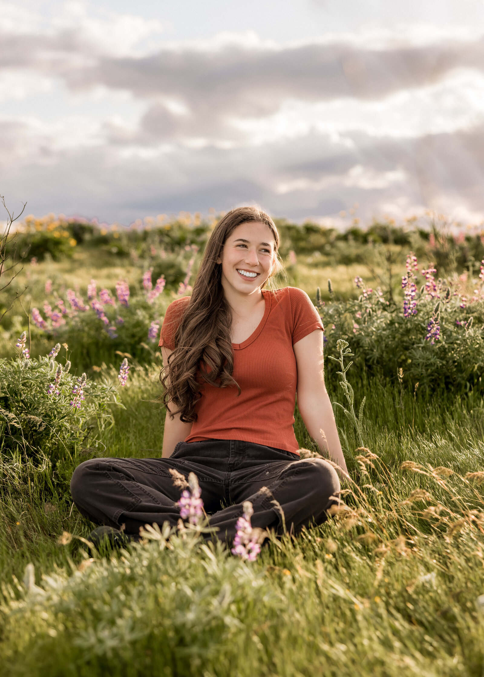Girl with wildflowers at Tom McCall Viewpoint