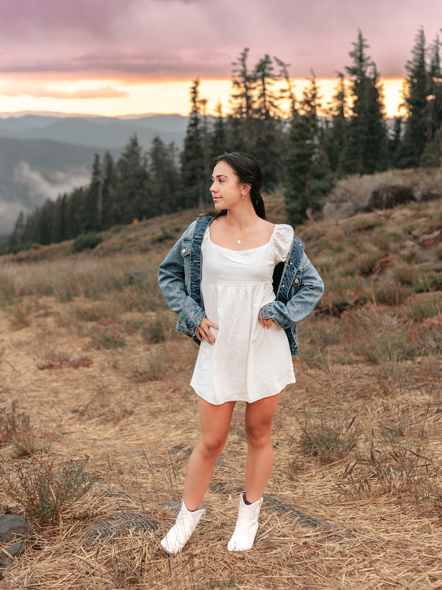 senior portraits at timberline lodge at sunset