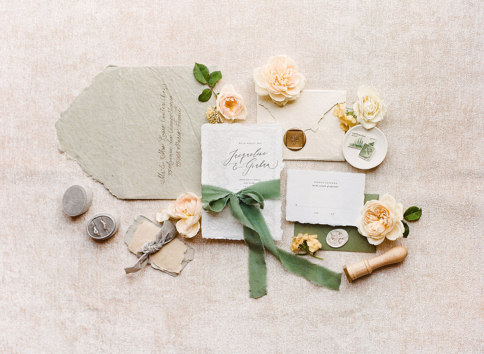 Italian wedding inspired invitation suite with greens and neutrals.