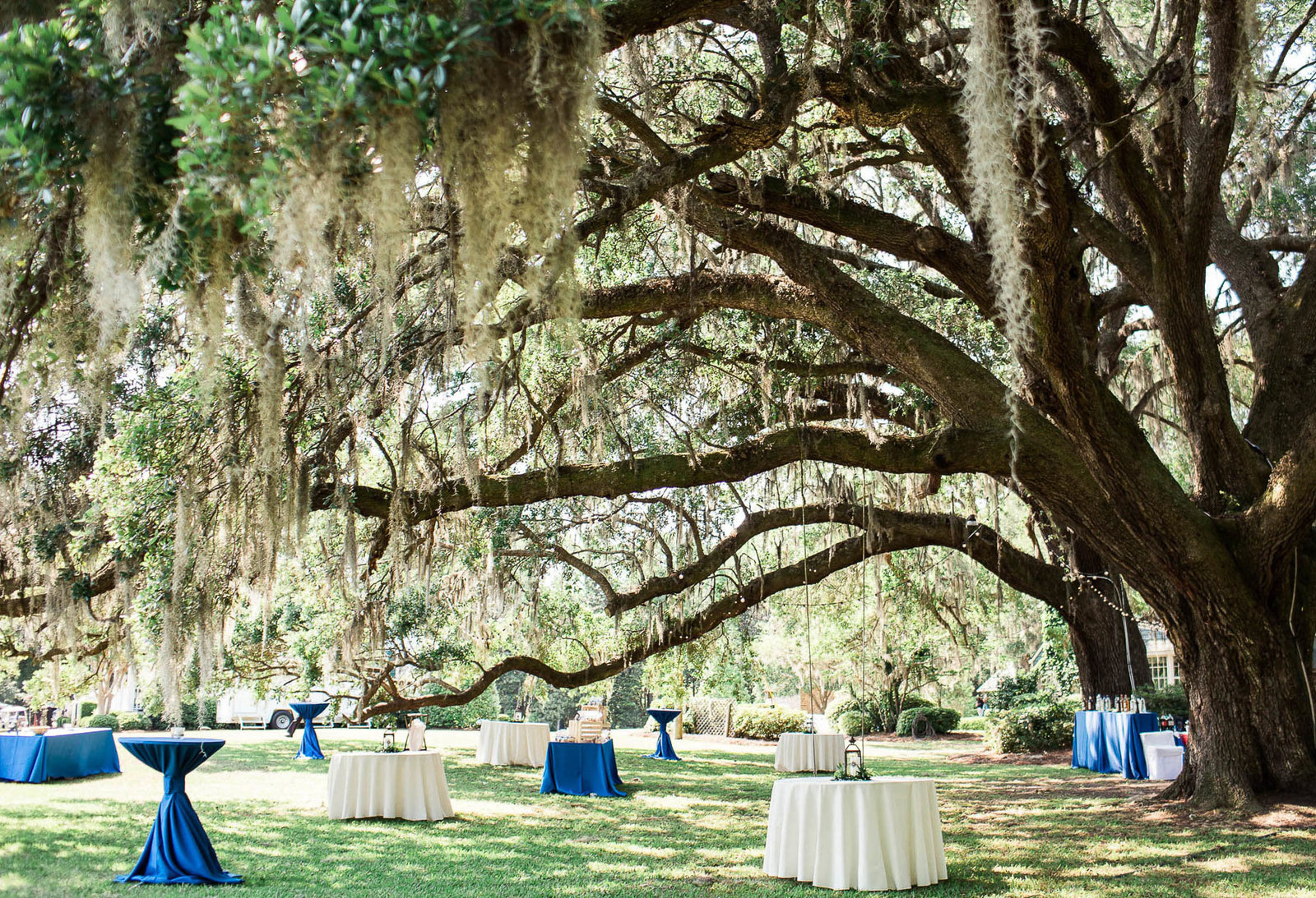 Lanterns are set on tables under an oak tree, Oakland Plantation, Mt Pleasant, South Carolina