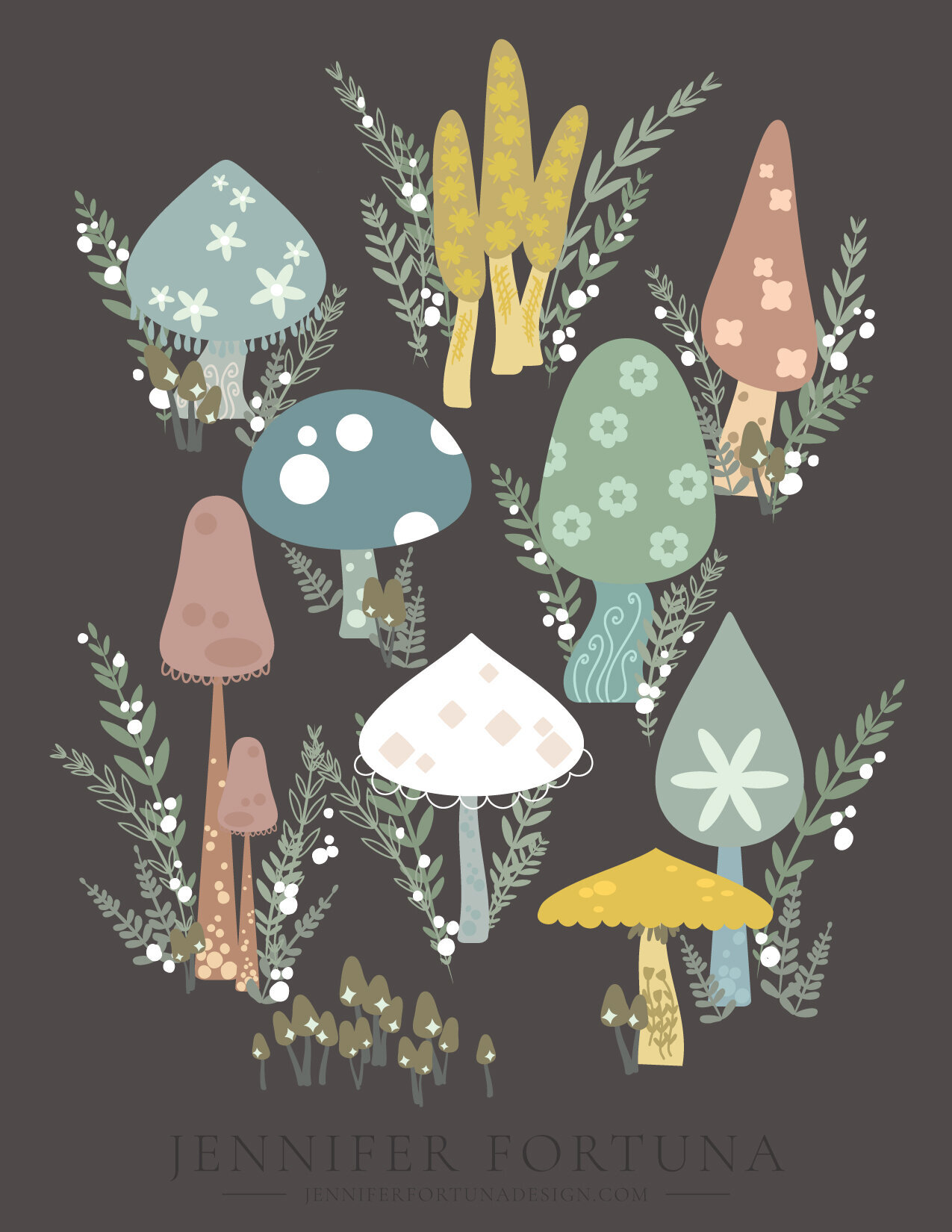 Surface pattern design of mushrooms with floral designs on them