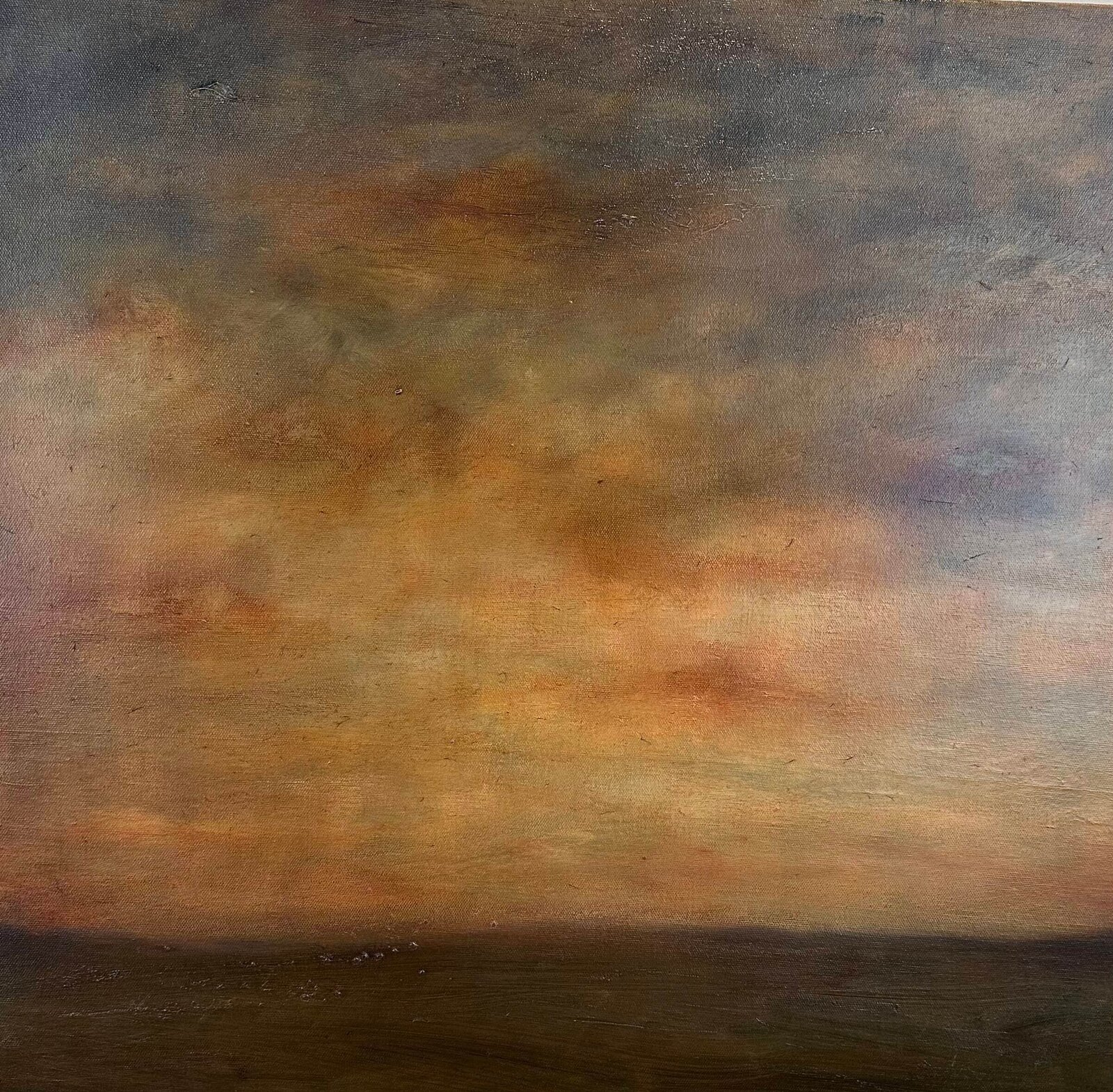 Oil painting by Jane Mishkind of a landscape with moddy sky
