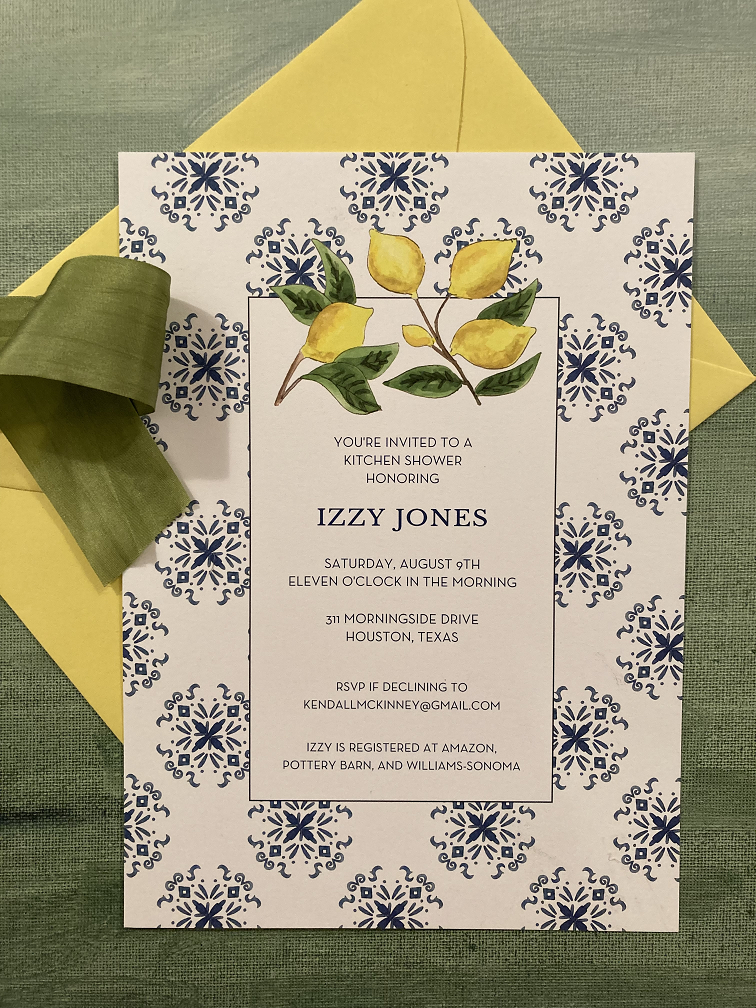 Invitation Navy Pattern Border with Lemons, Ribbon PW May Arts