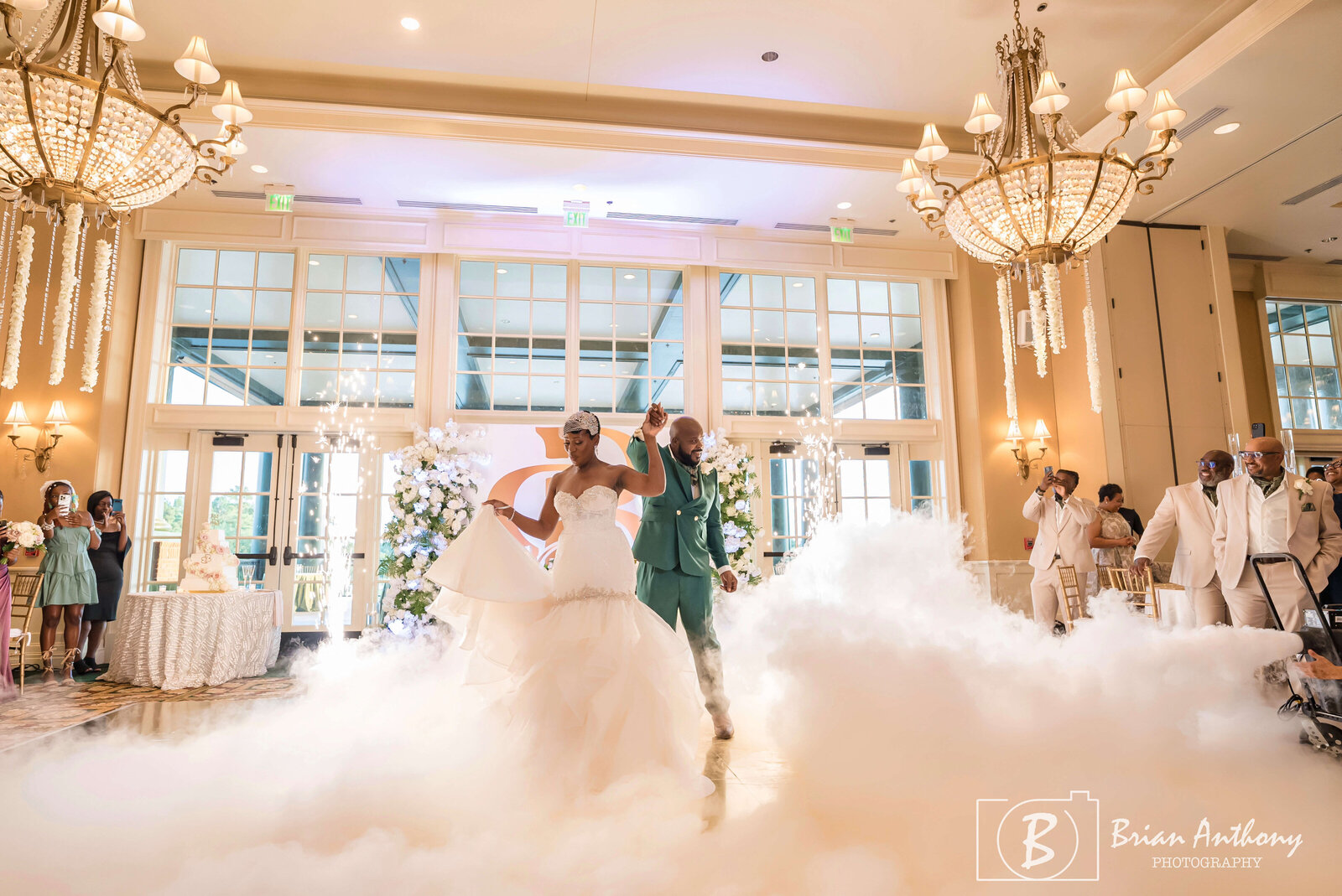 Romantic wedding entrance with cloud effect at a luxury Raleigh wedding venue.