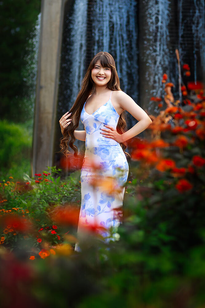 waterfall-red-flowers-senior-beautiful-smile-genuine-authenthic-denver-botanic-gardens-colorful-happy