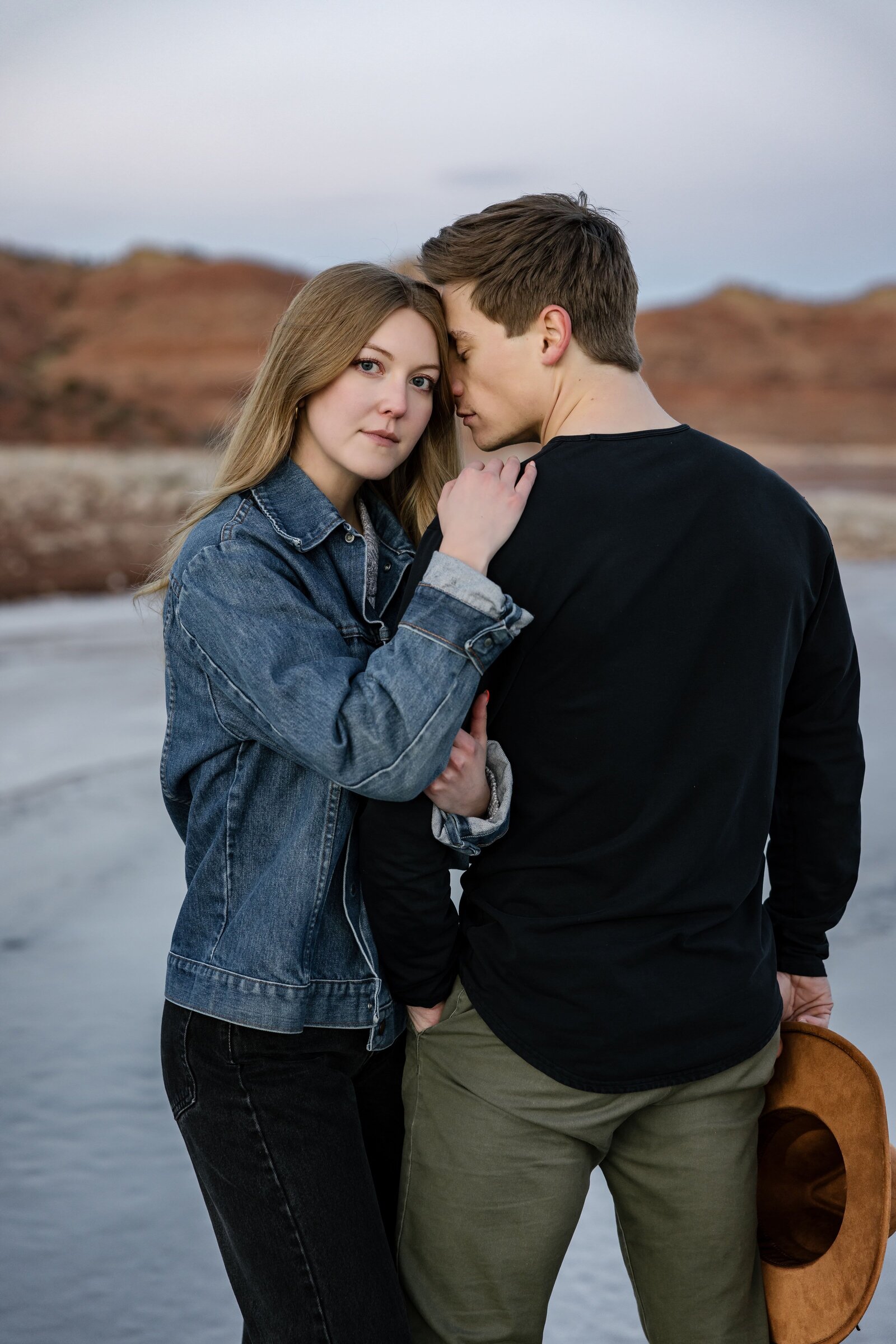 desert lake engagement posing
