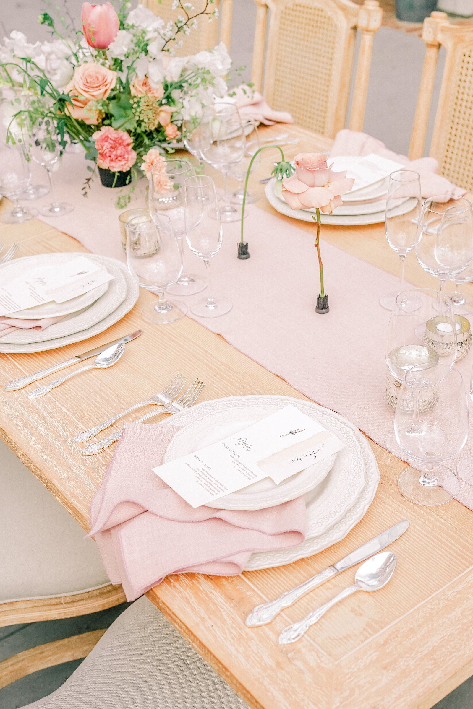 Pink wedding reception table at The Maples in Woodland, CA