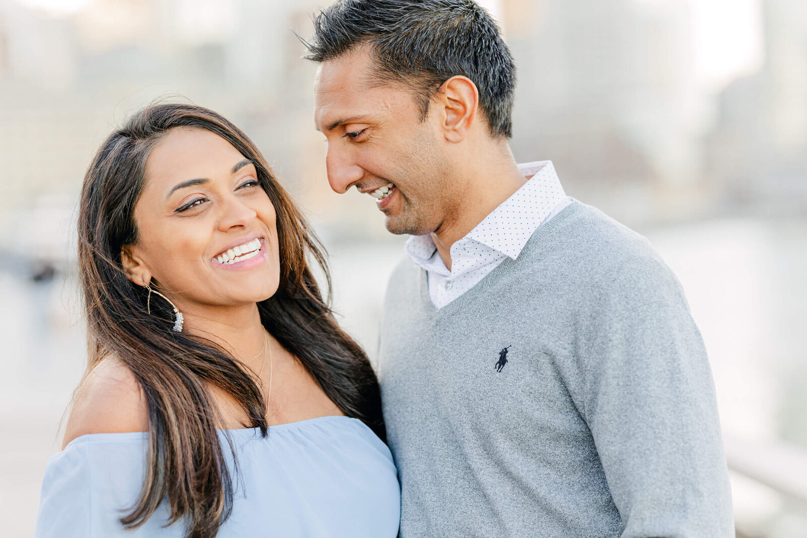 Boston woman and her husband laugh at the Seaport