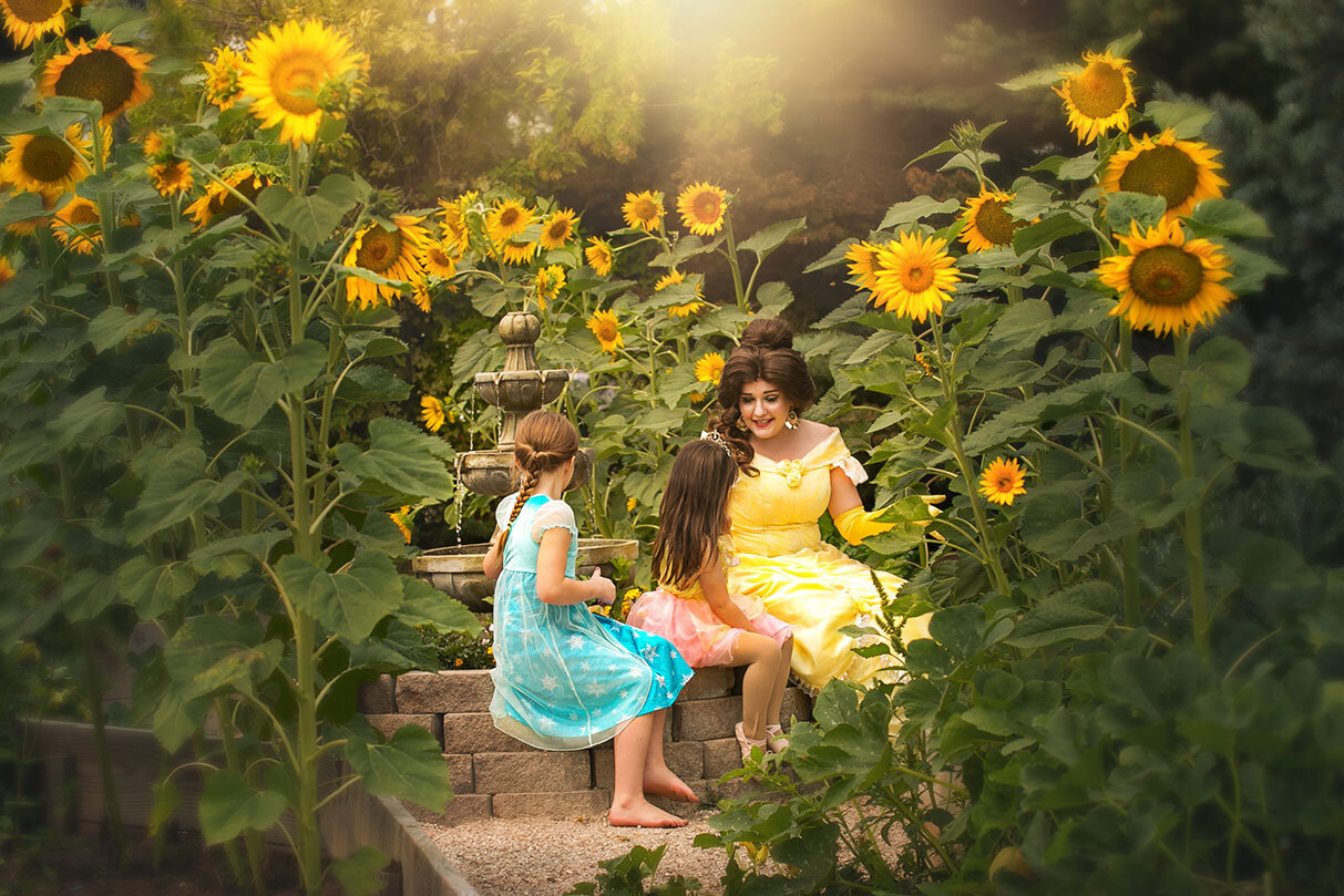 3-princess-storybook-girls-sisters-gardener-todd-creek-belle-beauty-and-the-beast-sunflowers-fairytale-children-garden-dreamy-colorado-colorful
