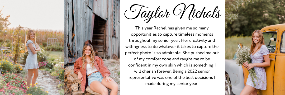 A Rachel B Photography Senior Rep Team Member poses in a flower garden, against a hay pile outside a barn, and with flowers in her hand kneeling against a yellow truck.