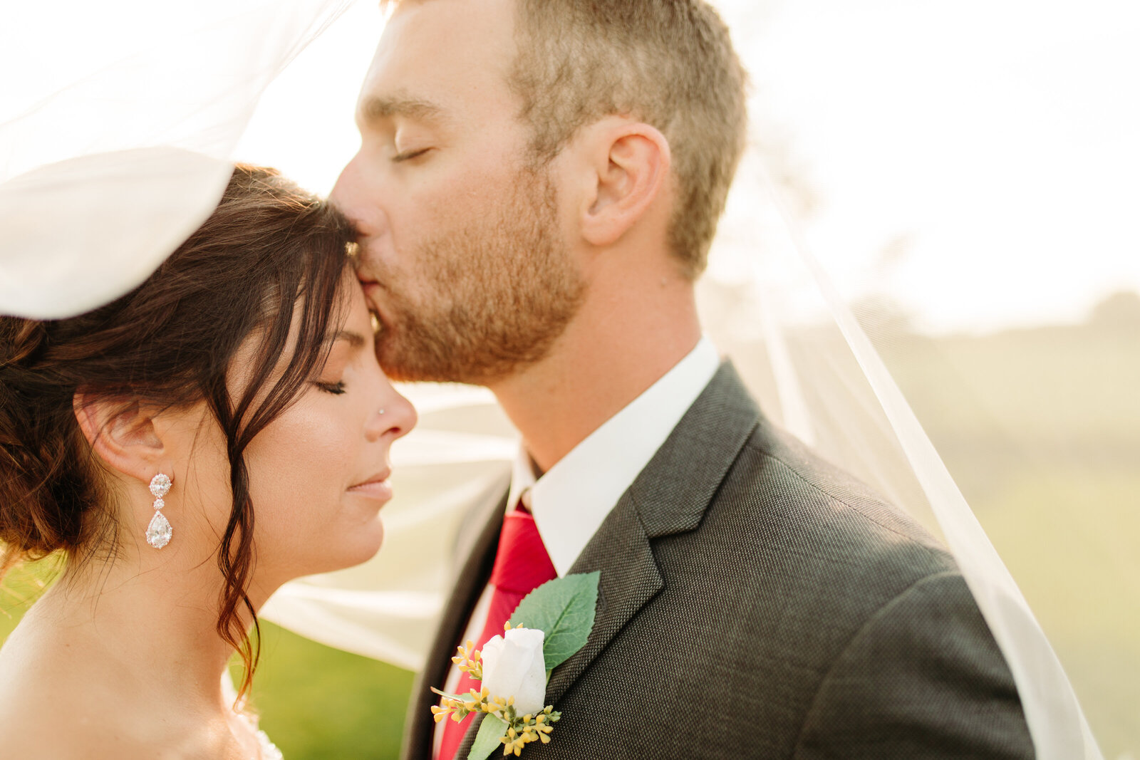 Groom kissing bride on forehead at Minneapolis wedding