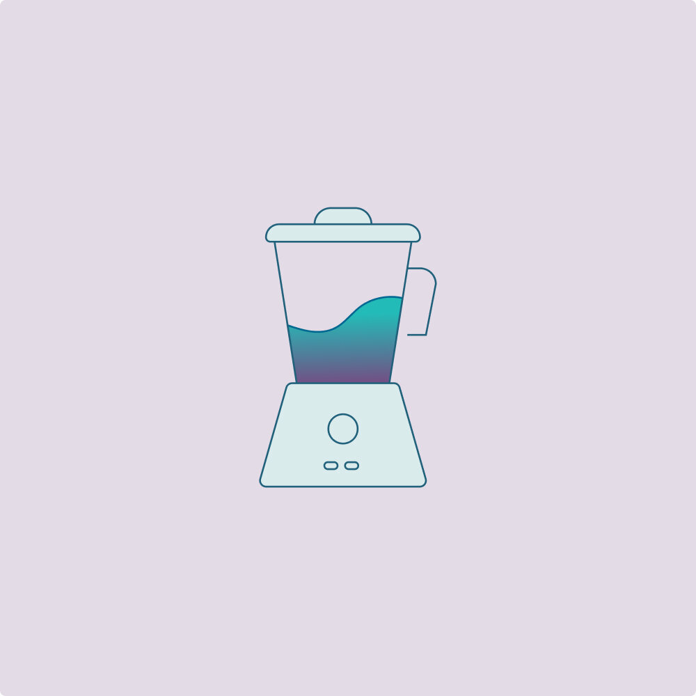 Illustration of of a blender with sea-green and puprle liquid.
