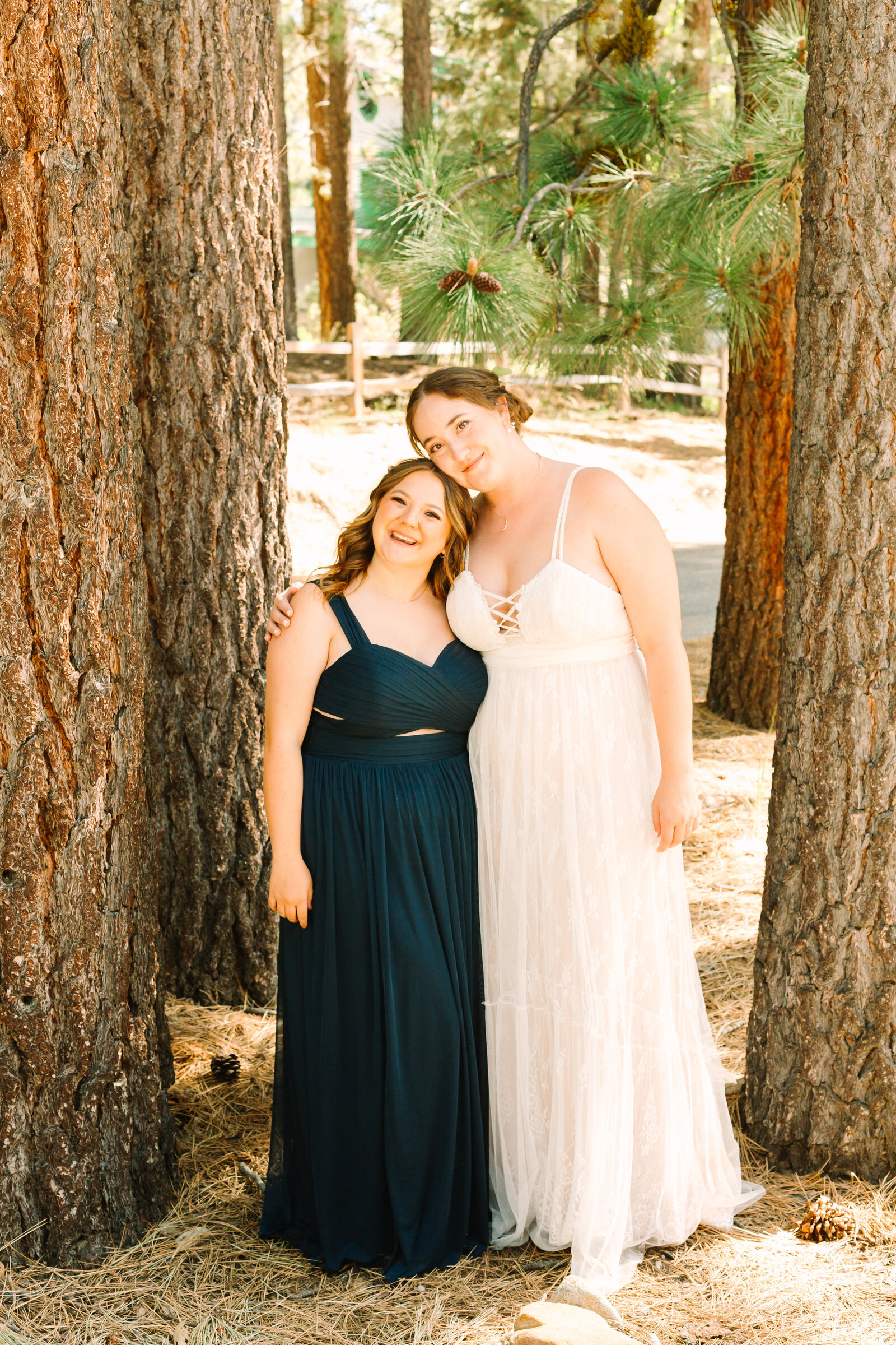 The bridal party celebrates an intimate elopement at a cabin at Big Bear Lake, California.