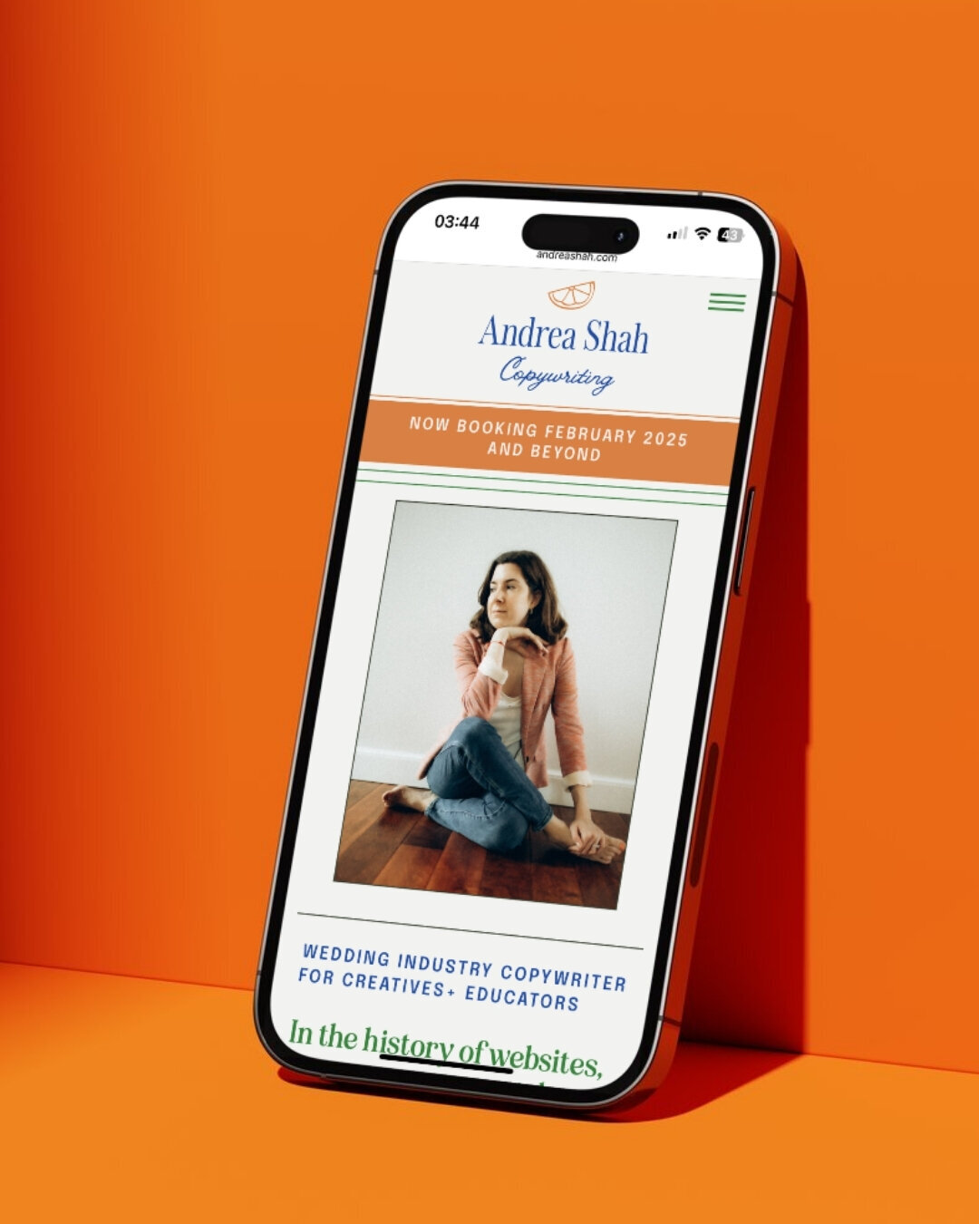 Andrea Shah Copywriting website mockup on a phone