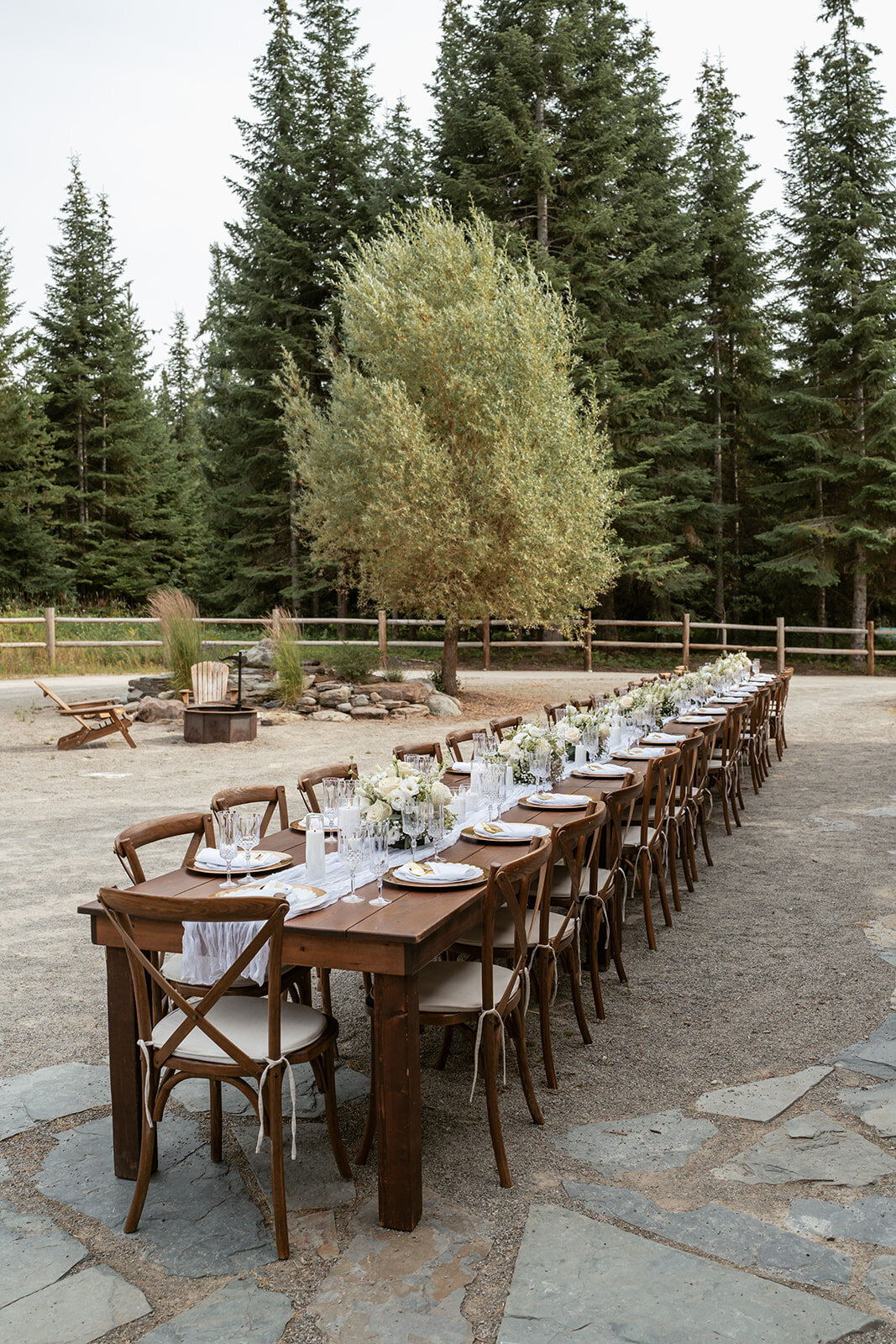 A long wooden dinner table set for an intimate elopement celebration outdoors, surrounded by pine trees and soft natural light for a cozy, elegant evening.