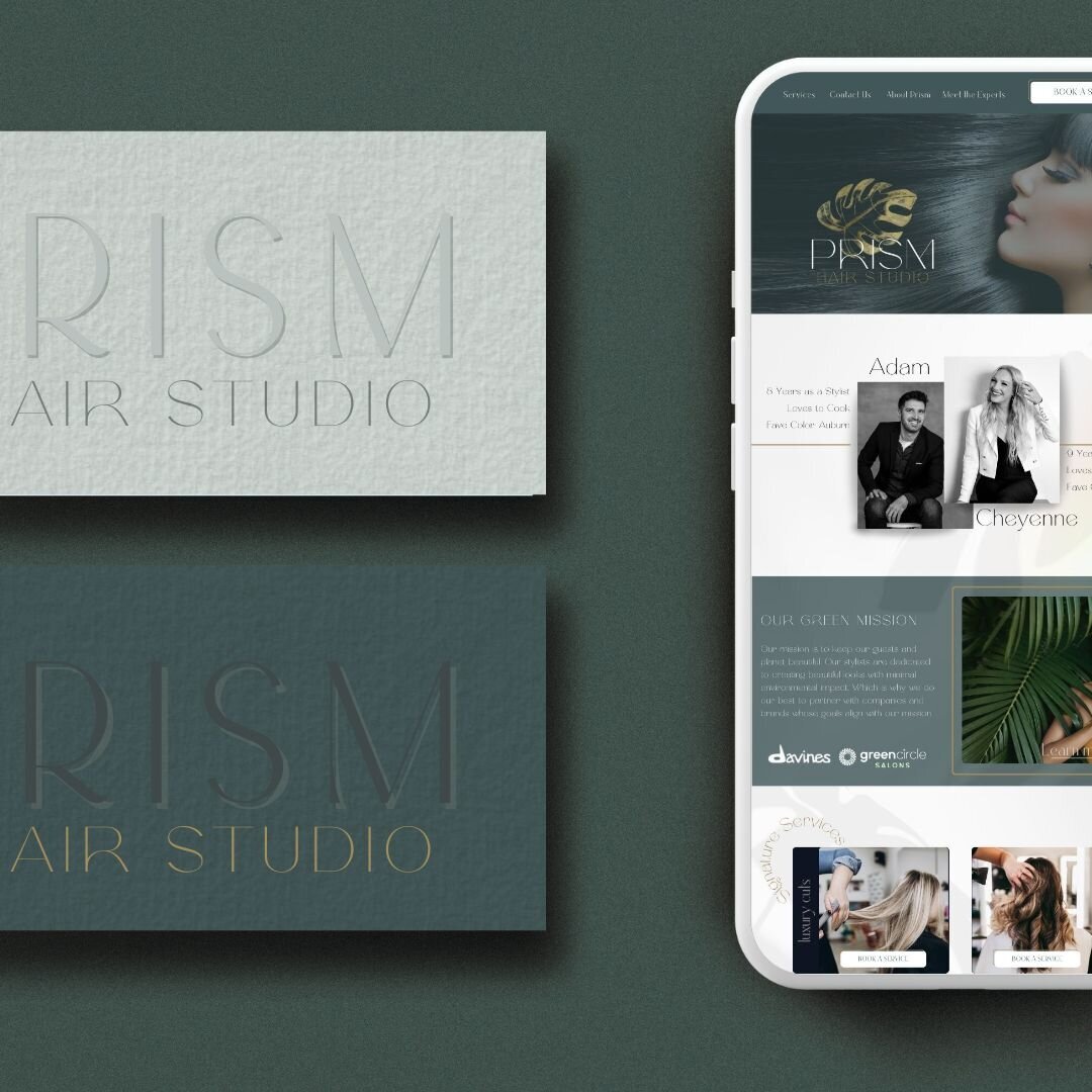 Two PRISM hair studio business cards and a mobile phone displaying the salon's website on a dark green background, showcasing the work of a branding and workflow expert.