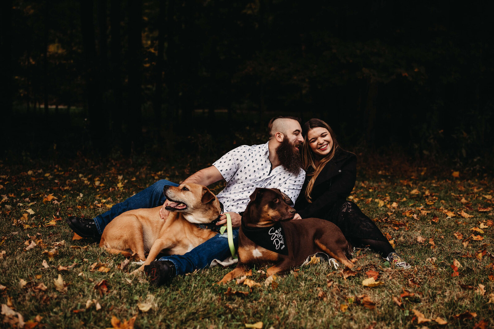 Guy kisses girl on cheek with their dogs at their unique engagement session at Everett Covered Bridge