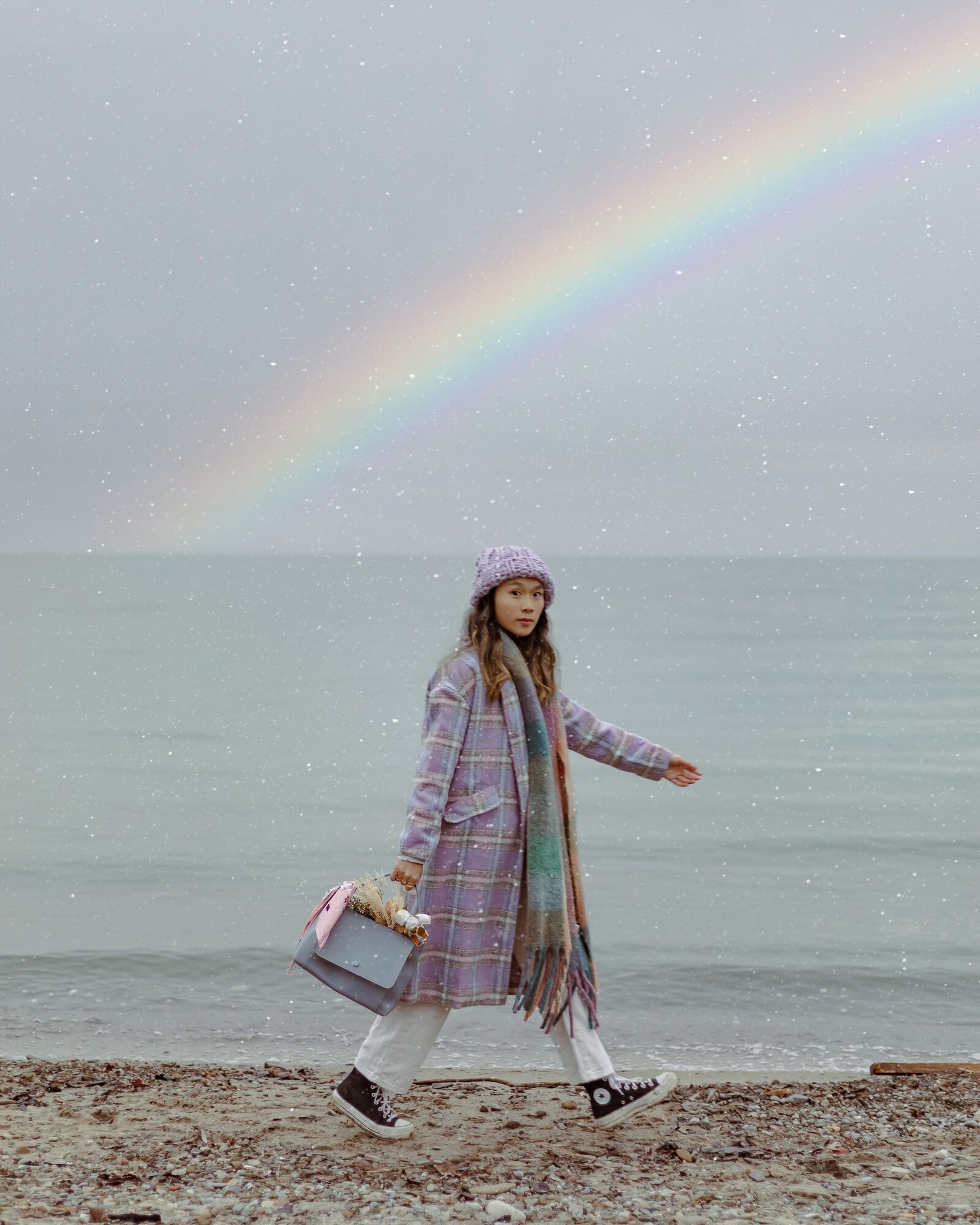 woman-at-the-beach-in-purple-plaid-coat