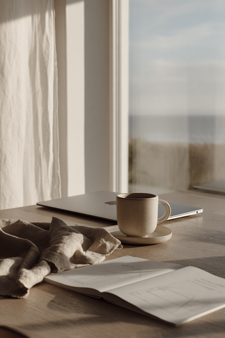 Editorial photograph of a minimalist coastal workspace featuring a linen cloth, ceramic coffee cup, open notebook, and laptop in soft natural light, reflecting the calm and refined design style of Kathalyst Design Studio.