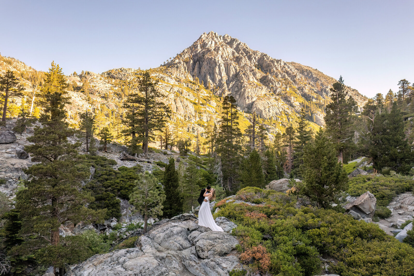 a bride and groom kiss during their desolation wilderness lake tahoe elopement