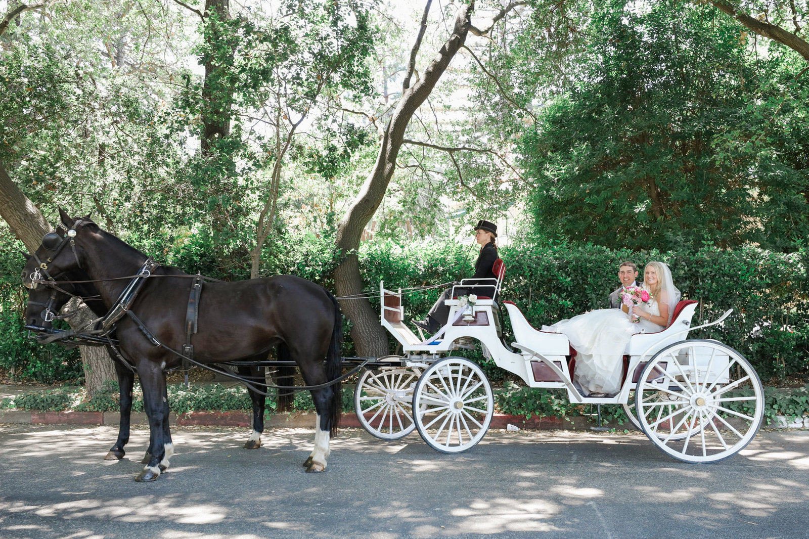 Bride and groom exit Los Altos wedding in carriage