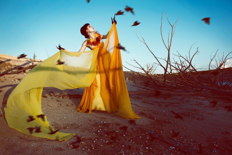 Editorial-fashion-styling-model-flowy gown-outdoors