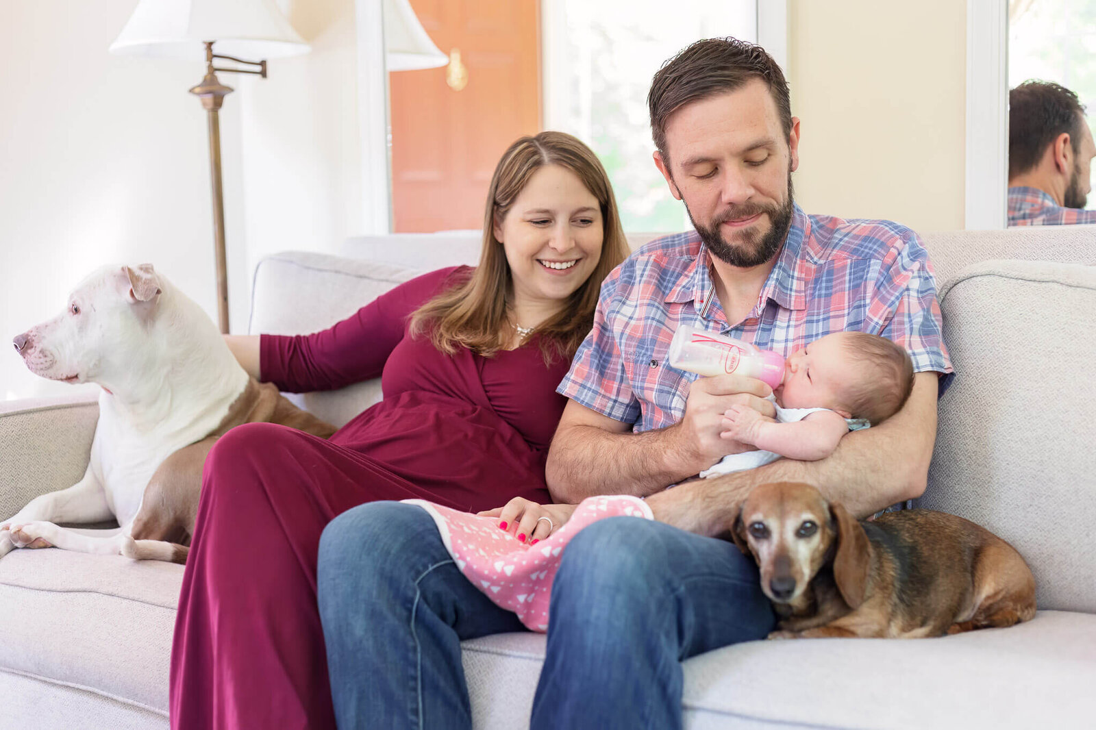 A mom and dad feeding their newborn daughter on the couch with their dogs.