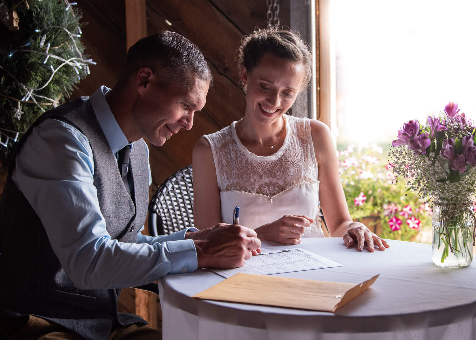 Bride and groom signing their marriage certificate
