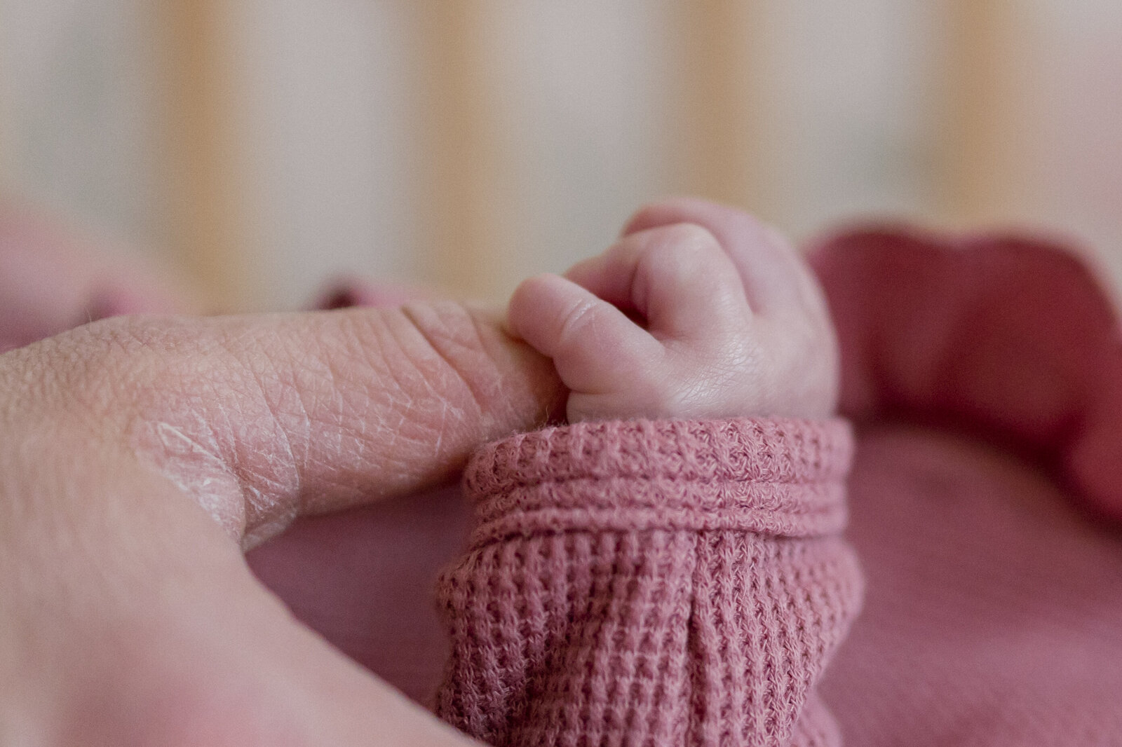 Newborn baby holding father's finger